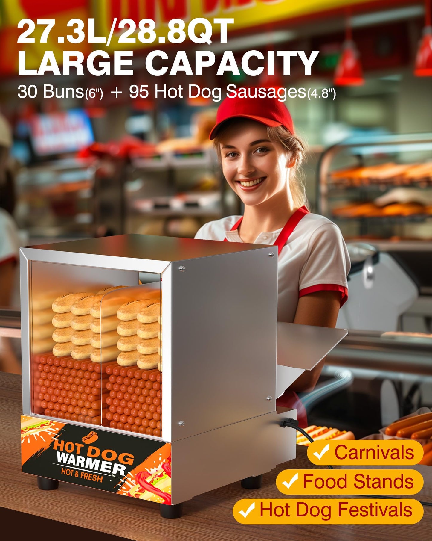 WantJoin Commercial Hot Dog Steamer - 28.8QT Stainless Steel Electric Hotdog Steamer Machine with Bun Warmer, Tempered Glass Steamer Machine for 95-105 Sausages & 30-40 Buns