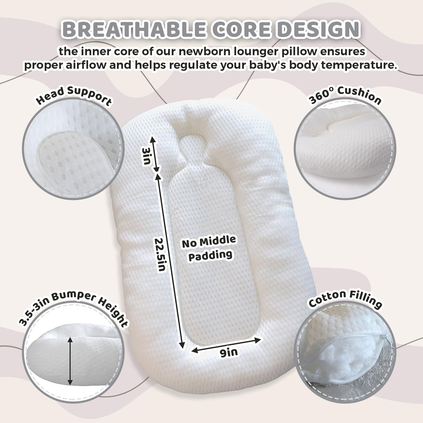 Baby Lounger Pillow for Newborn – Large Infant Lounger 0-24 Months | Anti-Startle Removable Wings, Breathable Mesh Core | 2-Sided Cotton & Minky Cover | Tummy Time Mat, Portable Baby Nest (Pink)