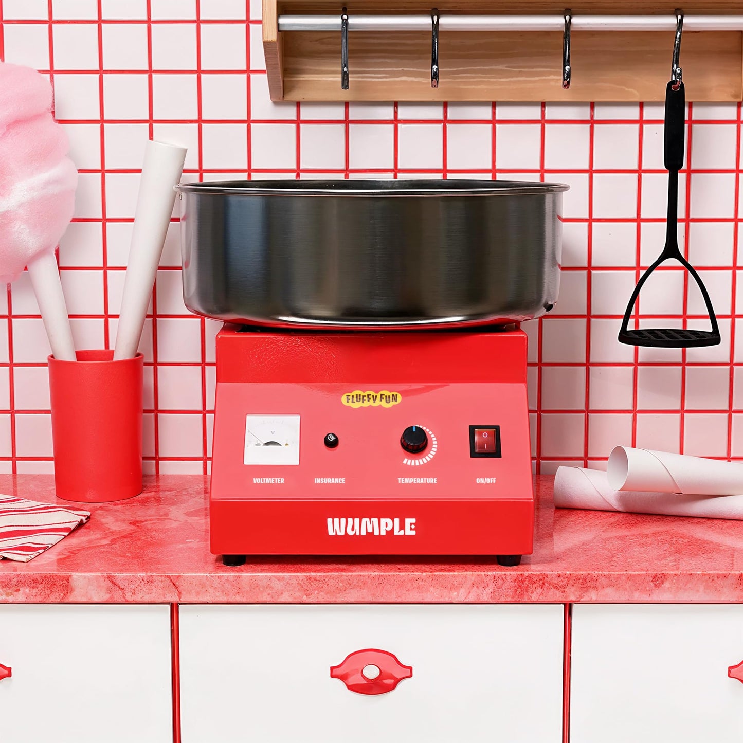 Wumple - Cotton Candy Machine Pro Bundle, Includes 3 Flavored Sugars & 70 Cones, Electric Machine with Large Stainless Steel Bowl for Parties & Business (Red)