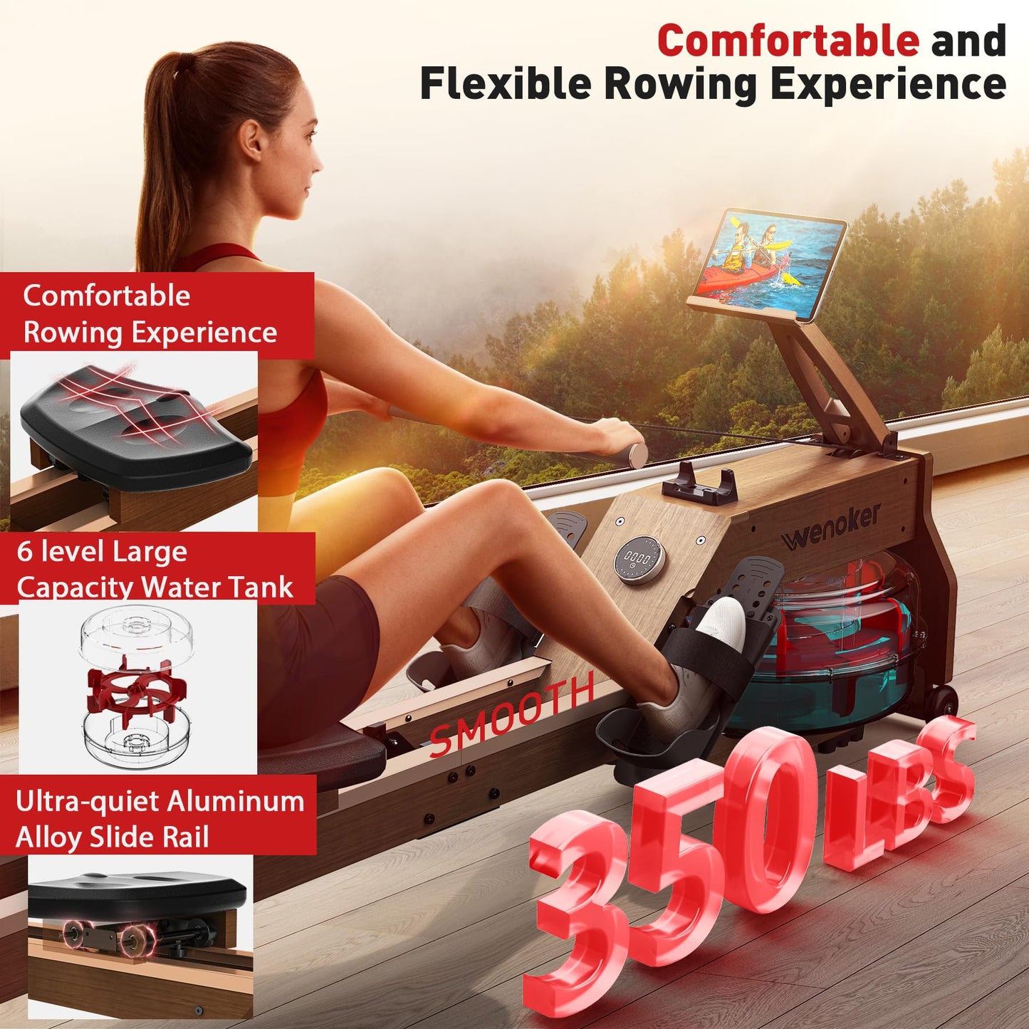 WENOKER Water Rowing Machines for Home Use, Water-Magnetic Dual Resistance Rower Machine with Smart Electronic Knob,Wooden Row Machine with Bluetooth App Compatible for Home Gym Exercise 350 LBS