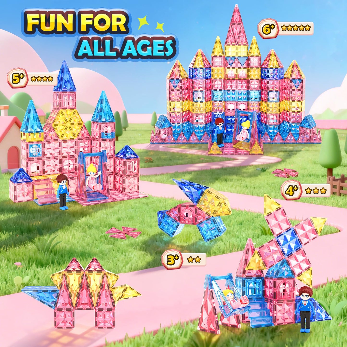 Coodoo Diamond Magnetic Tiles Magnetic Building Blocks STEM Sensory Toy for Boys Girls Pink Castle Dollhouse Pretend Princess Toys for 3 4 5 6 Year Old Girls Toys Birthday Xmas Present