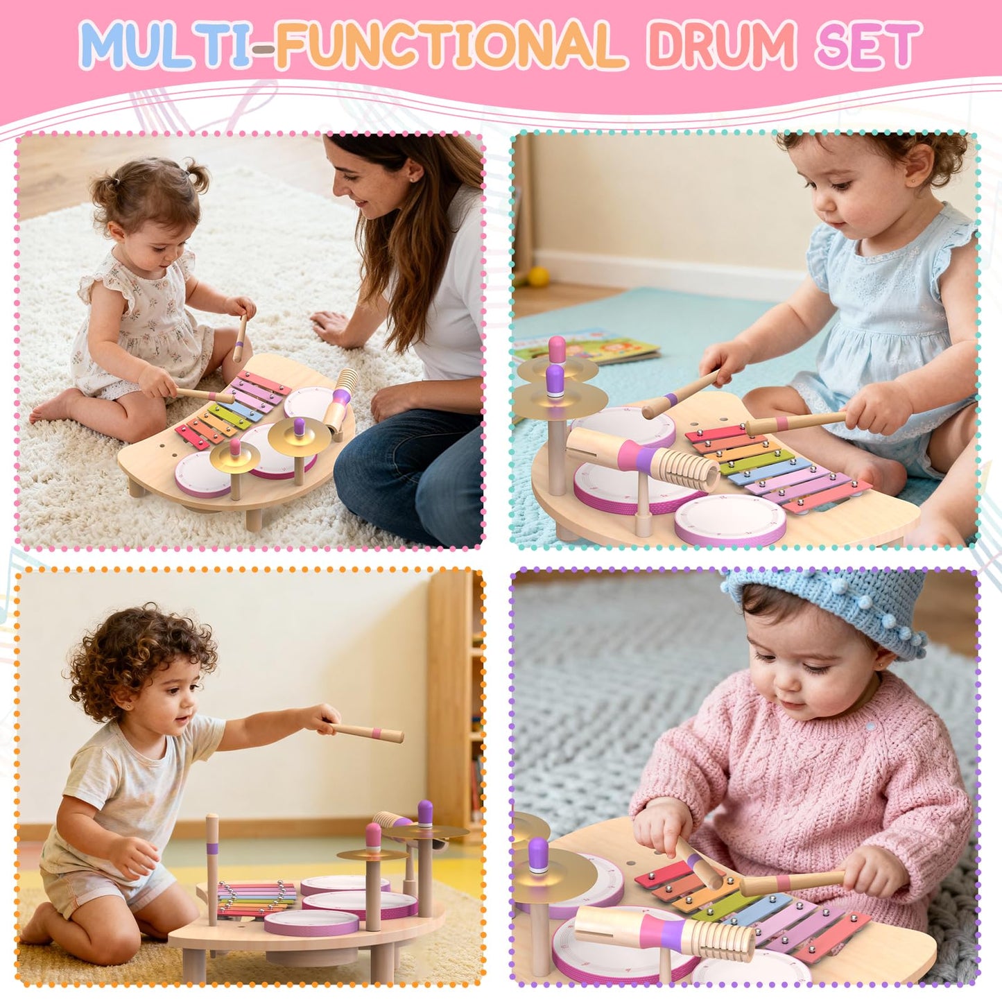 Kids Drum Set Montessori Musical Instruments for Toddlers 1-3, Wooden Baby Drum Kit with Xylophone, Preschool Music Toys for Early Learning, Educational Birthday Gift for Boys Girls (Pink)