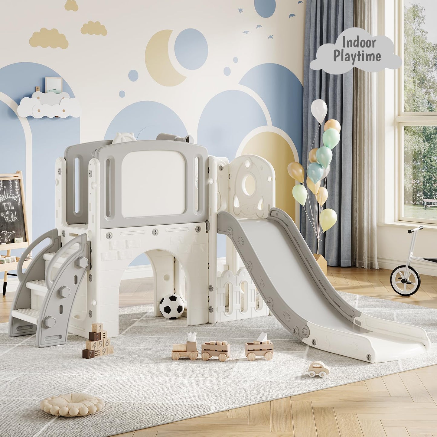 Garvee 8-in-1 Toddler Slide Indoor & Outdoor Playground Playset for Kids-Includes Climber, Basketball Hoop, Telescope, Tunnel, and Storage Space for Backyard & Courtyard Fun