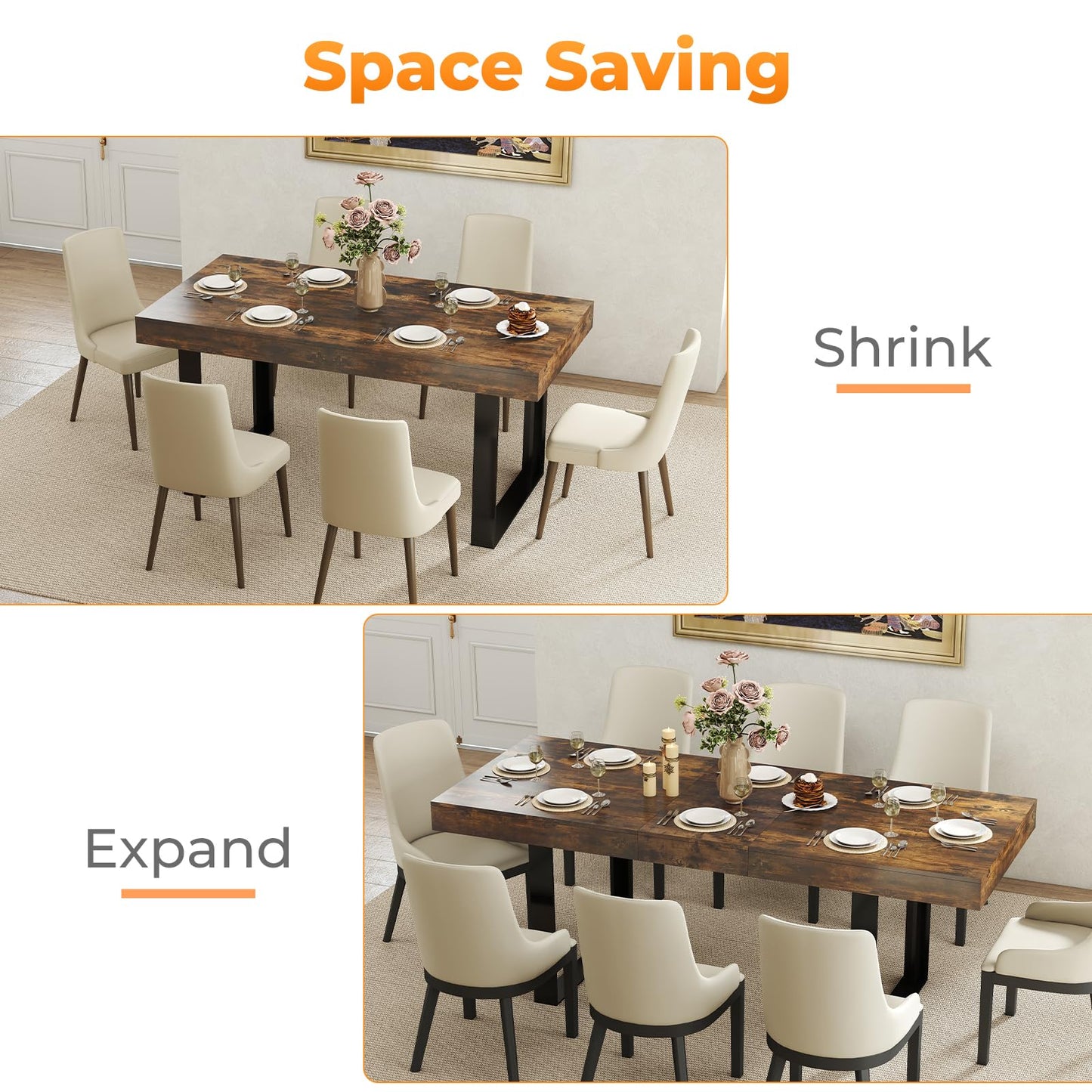 Zevemomo 63"-78.7" Rectangular Extendable Dining Table, 6-8 Extendable Dining Table, Conference Table, Kitchen Table with Slide Track, Tapered U-Shaped Wood Legs for Office, Living Room-Rustic Brown