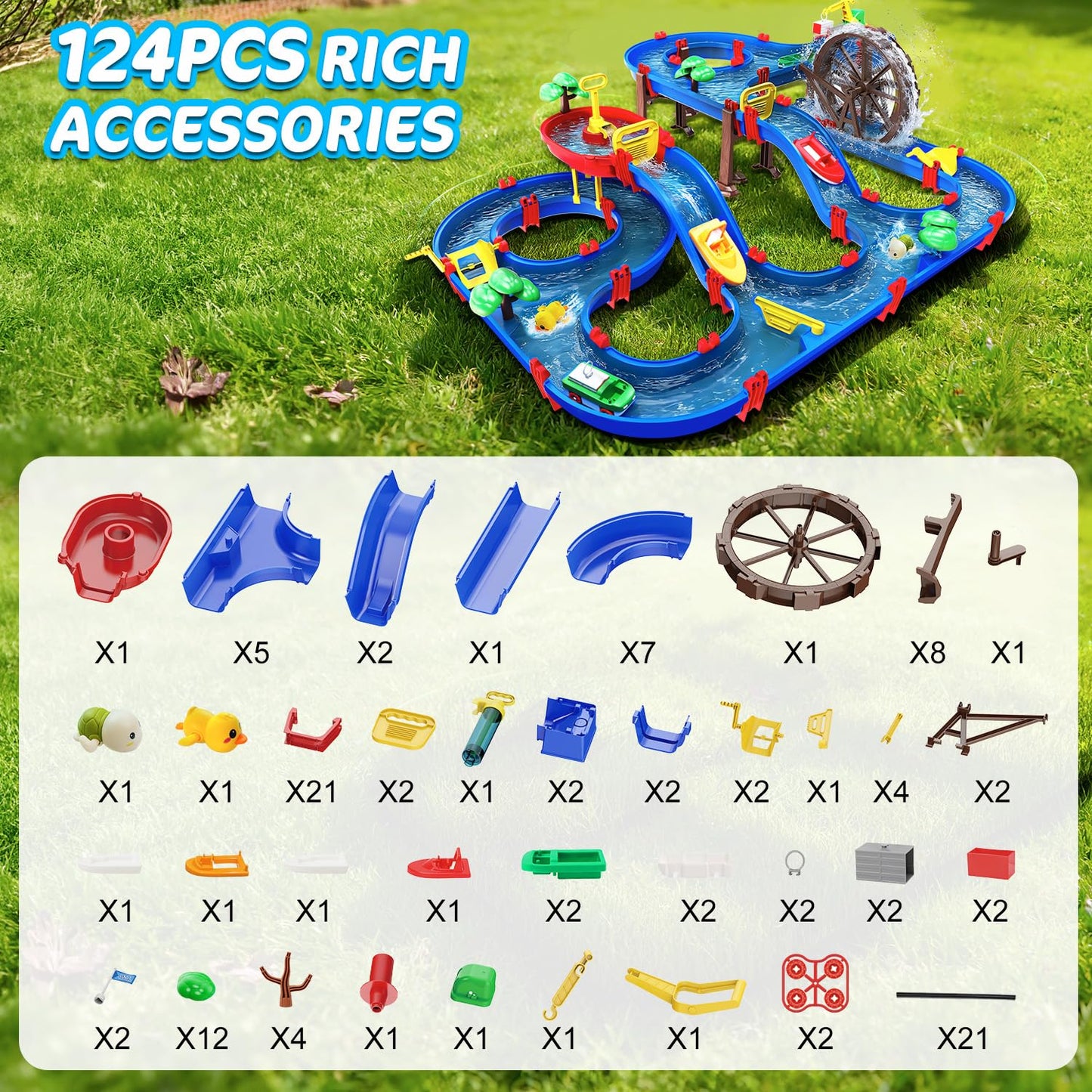 TERRAMUS 2-Tier Kids Watermill Water Table Toys, 124PCS Water Park Playset with Pump, Waterwheel, Summer Outdoor Water Toys Waterways for Backyard,Lawn,Beach,Pool,Gifts for Boys Girls Toddlers 3-5 4-8