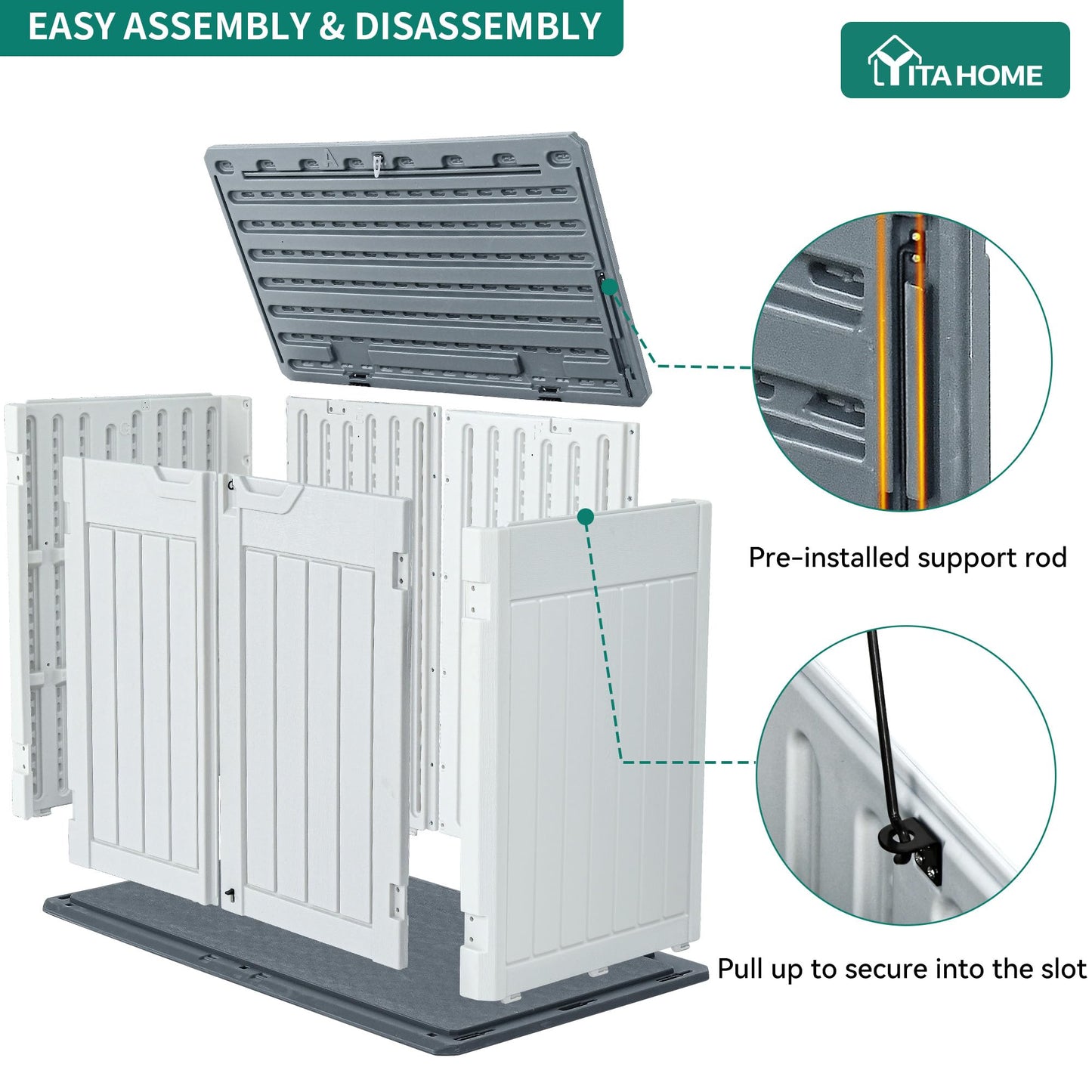 YITAHOME Extra Large Outdoor Horizontal Storage Shed, 4.5x4ft Resin Tool Sheds w/o Shelf, Easy to Assemble Waterproof Storage for Trash Cans, Garden Tools, Lawn Mower, Lockable, Light Gray