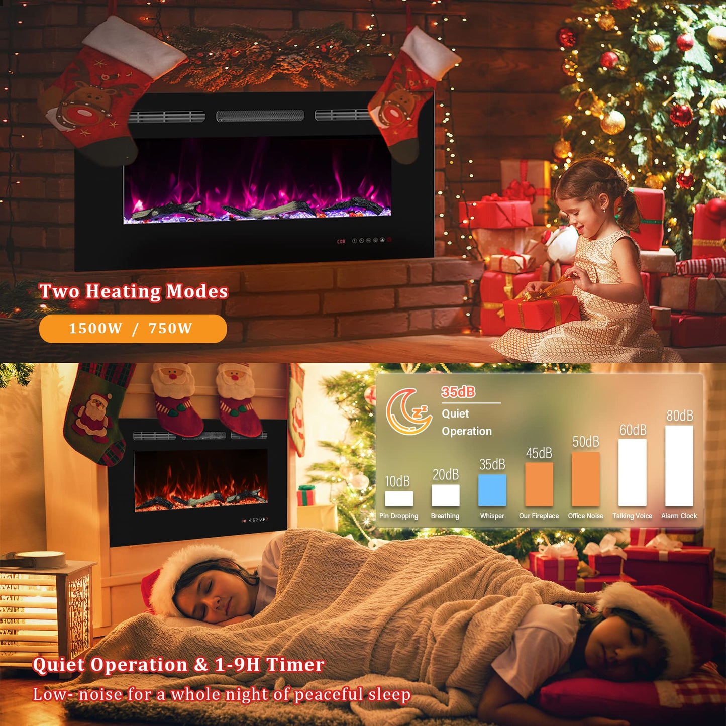 Oxhark Flame Electric Fireplace 42 inch Wide, Wall Mounted Fireplace Inserts Electric Heater, 13 * 13 Flame Effects Like Real Flame, Low Noise, Timer & Thermostat Setting, 750W/1500W, Black