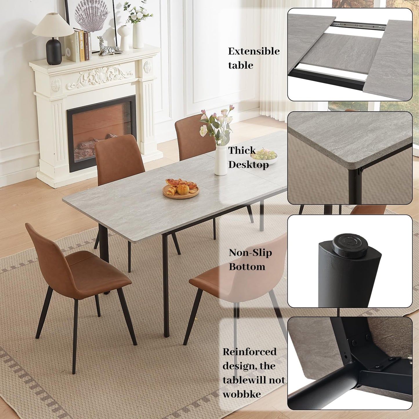 HIPIHOM 63"- 78.7" Extendable Dining Table with 6 Brown Dining Chairs, Modern Kitchen Table Set for 6, Thickened Expandable MDF Wooden Table with Metal Legs for Dining Room, Kitchen, Home