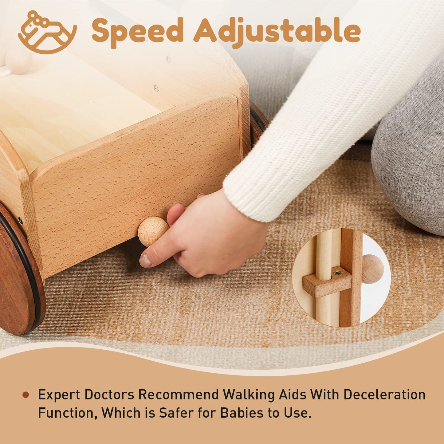 Woodtoe Wooden Baby Walker, Adjustable Speed Baby Push Walker, Montessori Push Toys for Babies Learning to Walk, Educational Walking Toys Gift for Toddler Boys Girls 1 2 3 Years Old
