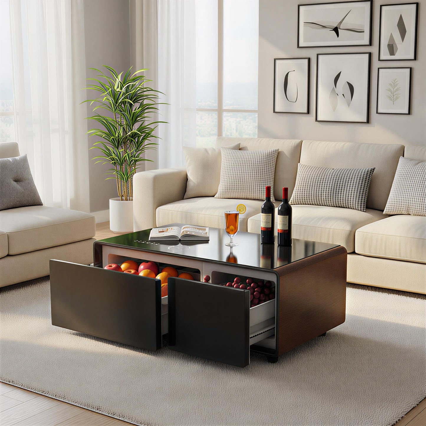 Smart Coffee Table with Fridge, Bluetooth Speakers, Wireless Charging, Modern Living Room Table with Dual USB, Type-C Ports, 23" D x 41.5" W x 18.2" H, Brown
