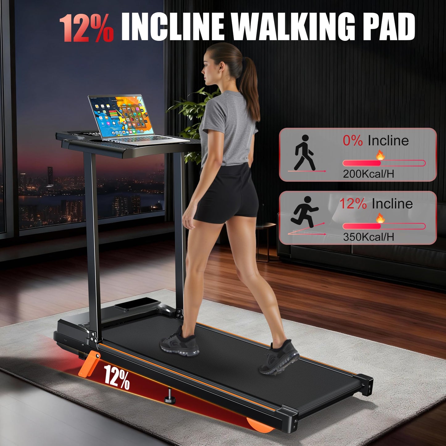 Walking Pad Treadmill with Desk Workstation, 12% Incline Treadmills for Home Small Office, 350lbs Capacity, 3.5HP