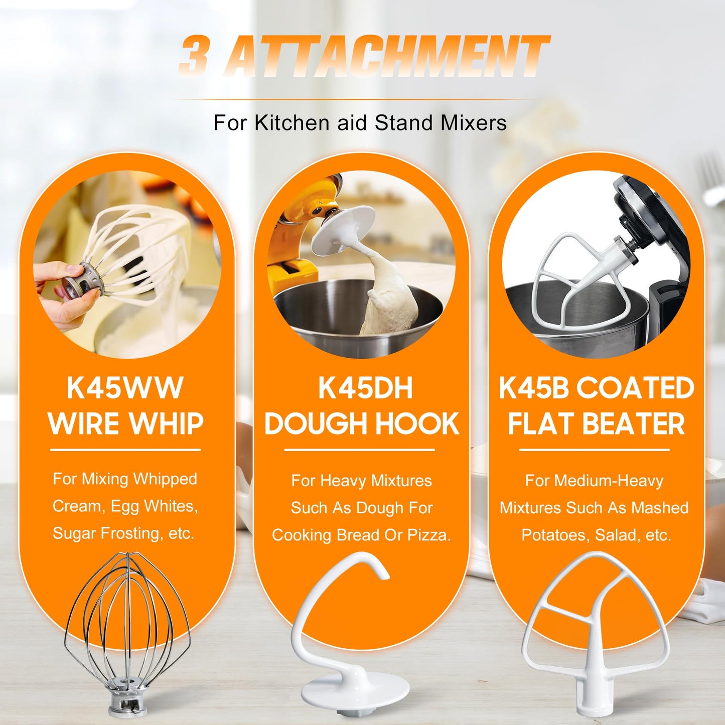 Funmit Mixers Accessories K45WW Wire Whip K45DH Dough Hook K45B Coated Flat Blade Paddle with Scraper Replacement for Kitchen Tilt-Head Aid Stand Mixer Attachments- Stainless Steel