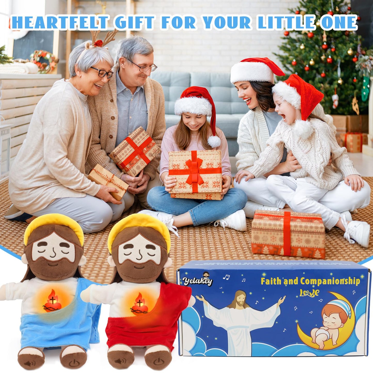 Yelakey Soothing Jesus Plush Toys with Light & Sound, 15" Jesus Stuffed Breathing Plushy Doll, Christian Catholic Religious Plushie Christmas Easter Gifts for Kids Baby (Red)