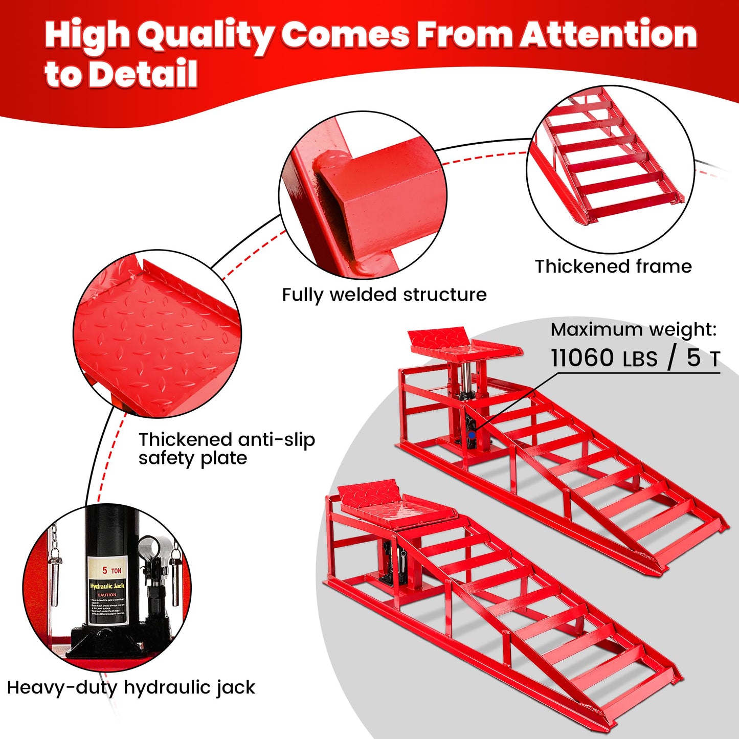 2PCS 5T 11060lbs Hydraulic Car Ramps, Heavy Duty Hydraulic Vehicle Ramps Lift Ramp, Portable Car Ramps for Oil Changes, Car Lifts for Home Garage, Vehicle Auto Garage Repair