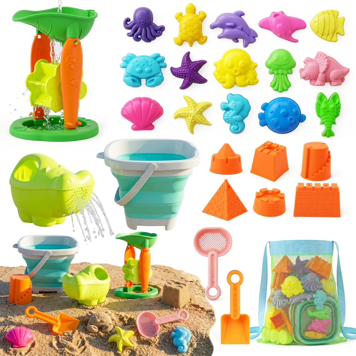 TOY Life 32 Pcs Ocean Beach Toys for Kids Ages 4-8 Collapsible Sand Toys with Water Wheel Watering Can Silicone Bucket Sand Castle Building Kit Travel Sandbox Toy for Party Fishing Summer Toys