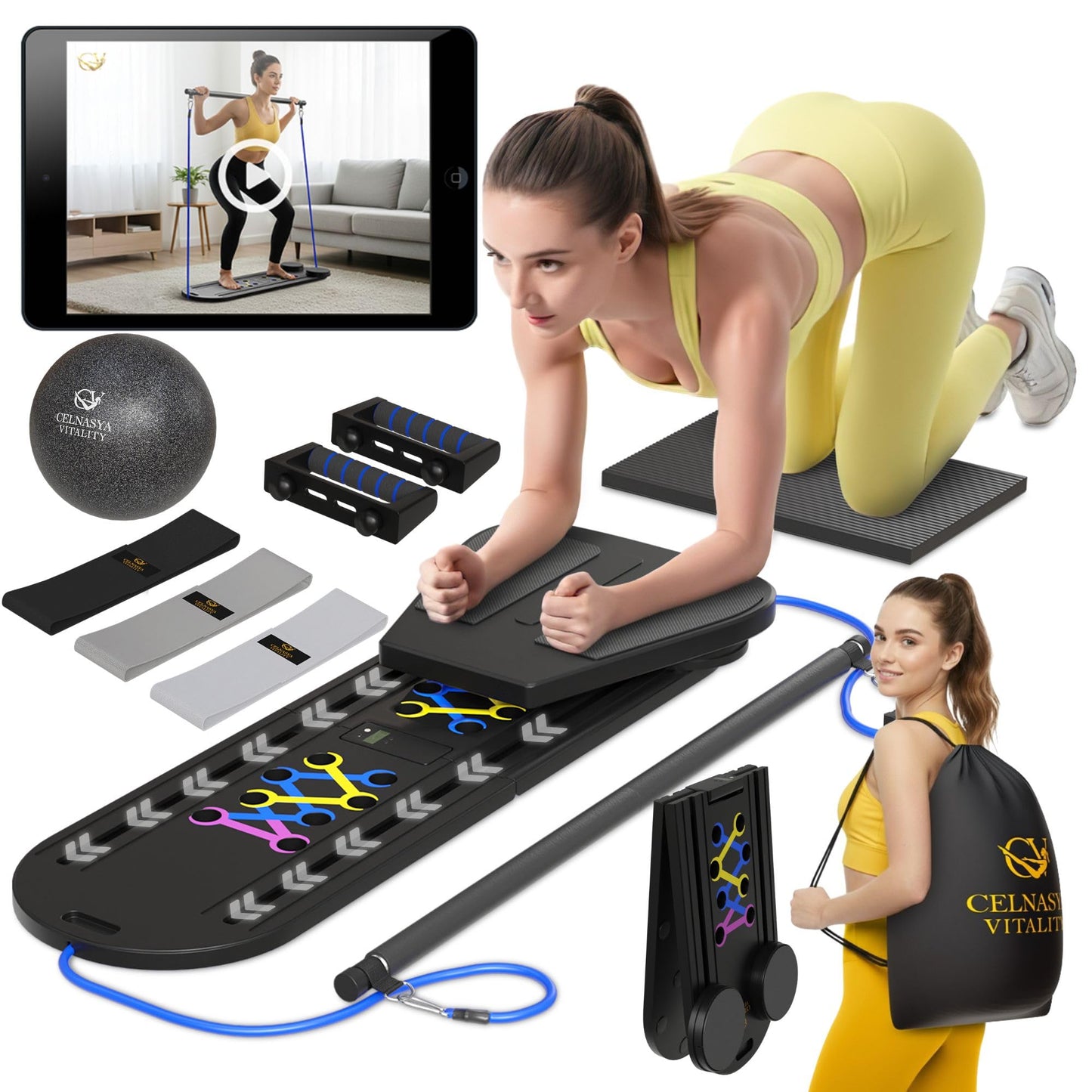 Pilates Reformer Board, 7-in-1 Foldable Pilates Board Kit with Timer, Guided Home Workouts w Resistance Bands & Ball - At Home Pilate Reformer AB Core Machine, Exercise Fitness Slider Equipment