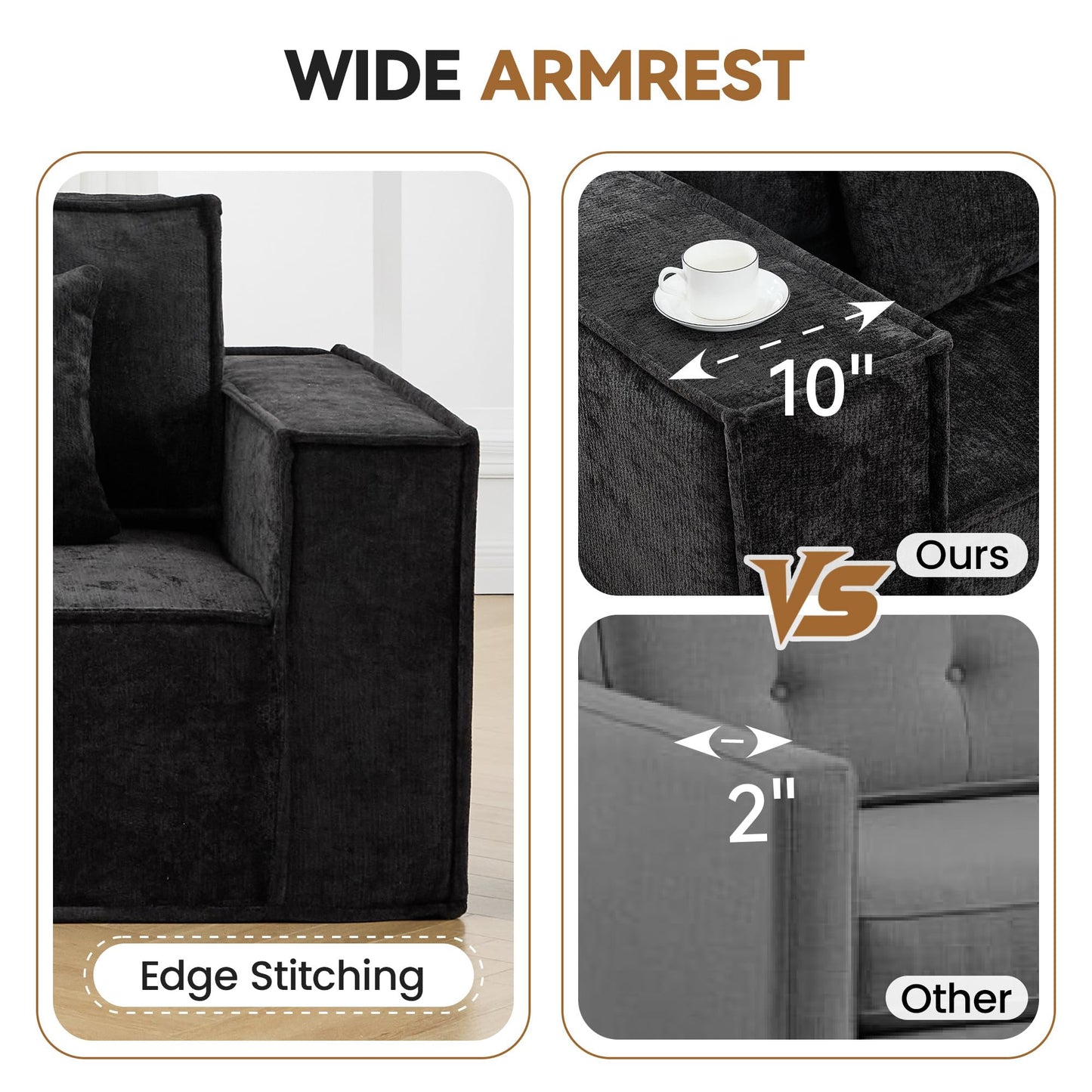 138'' Boneless Chenille U Shaped Couch, Oversized Modular Sectional 8 Seater Sofa, Modern Deep Seat Corner Cloud Compressed Couch, No Assembly Sleeper Sofa with Chaise for Living Room, Black