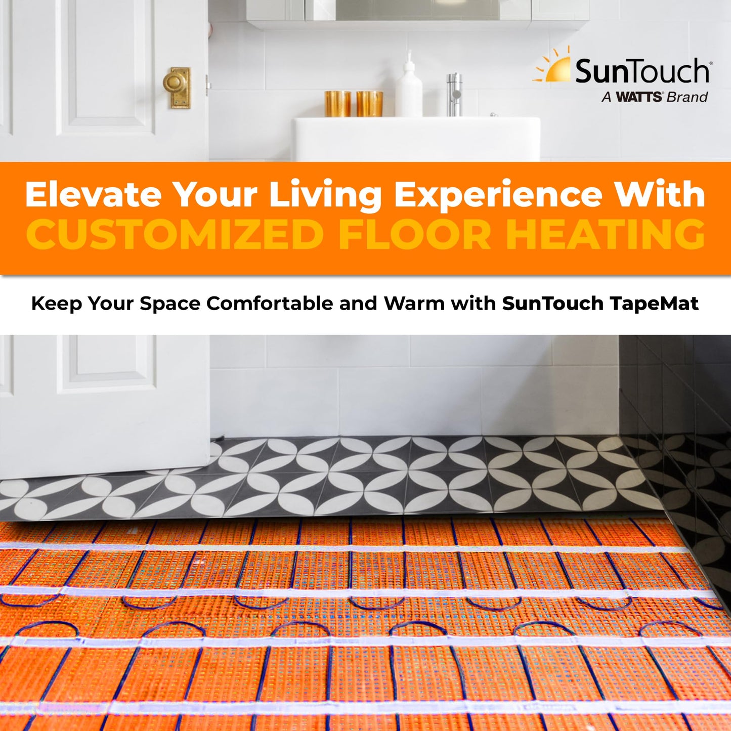 SunTouch TapeMat Electric Under Floor Heating Mat with 1/8" Thick Cable, Open-Weave Orange Mesh, 15 Sq Ft (7.5' x 2'), 120V, Commercial and Residential, Installs Beneath Tile, Stone, Laminate