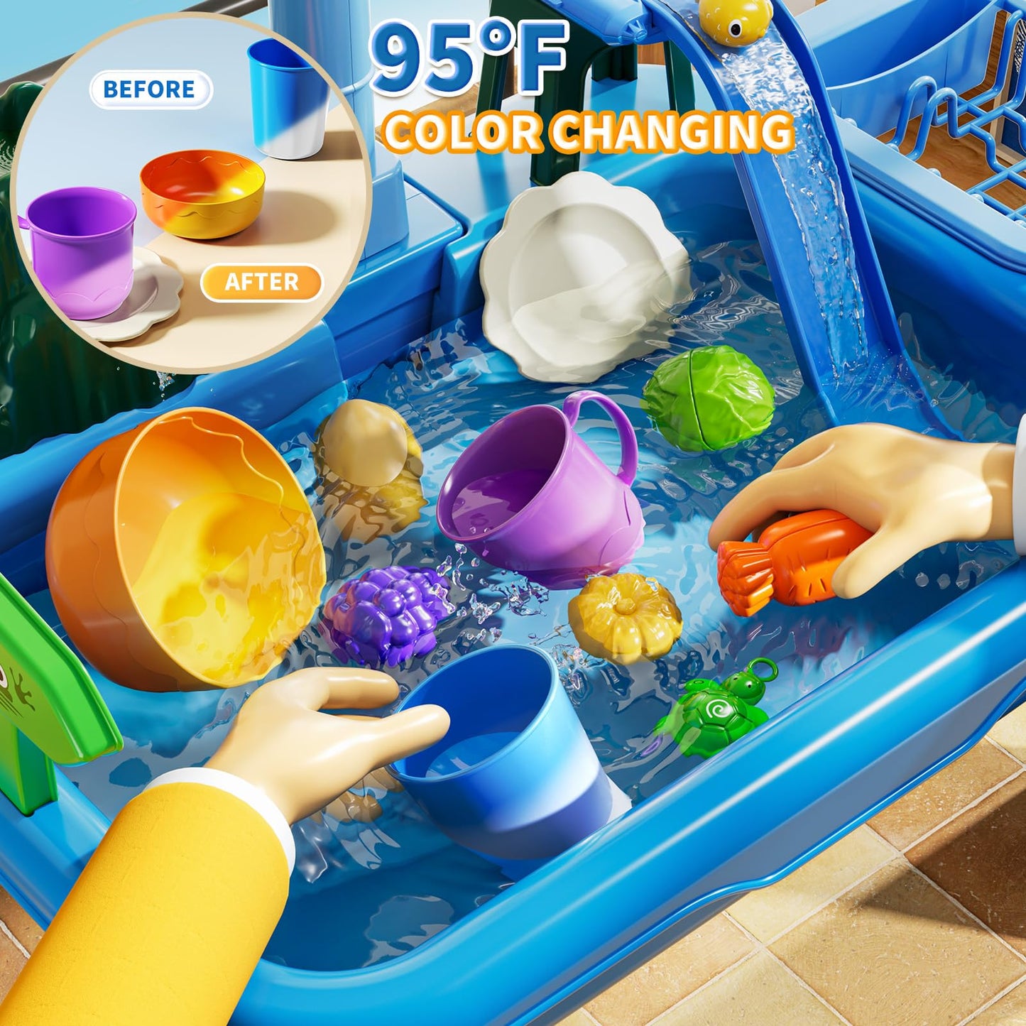 Water Table Play Sink Toy for Kids 2 3 4 5 6 Years Old - Outdoor Kitchen with Running Water, Fishing Games, Toddler Water Play Table for Kids Ages 3-8, Beach Outdoor Toys, Birthday Gifts 2+ 3-5 (Blue)