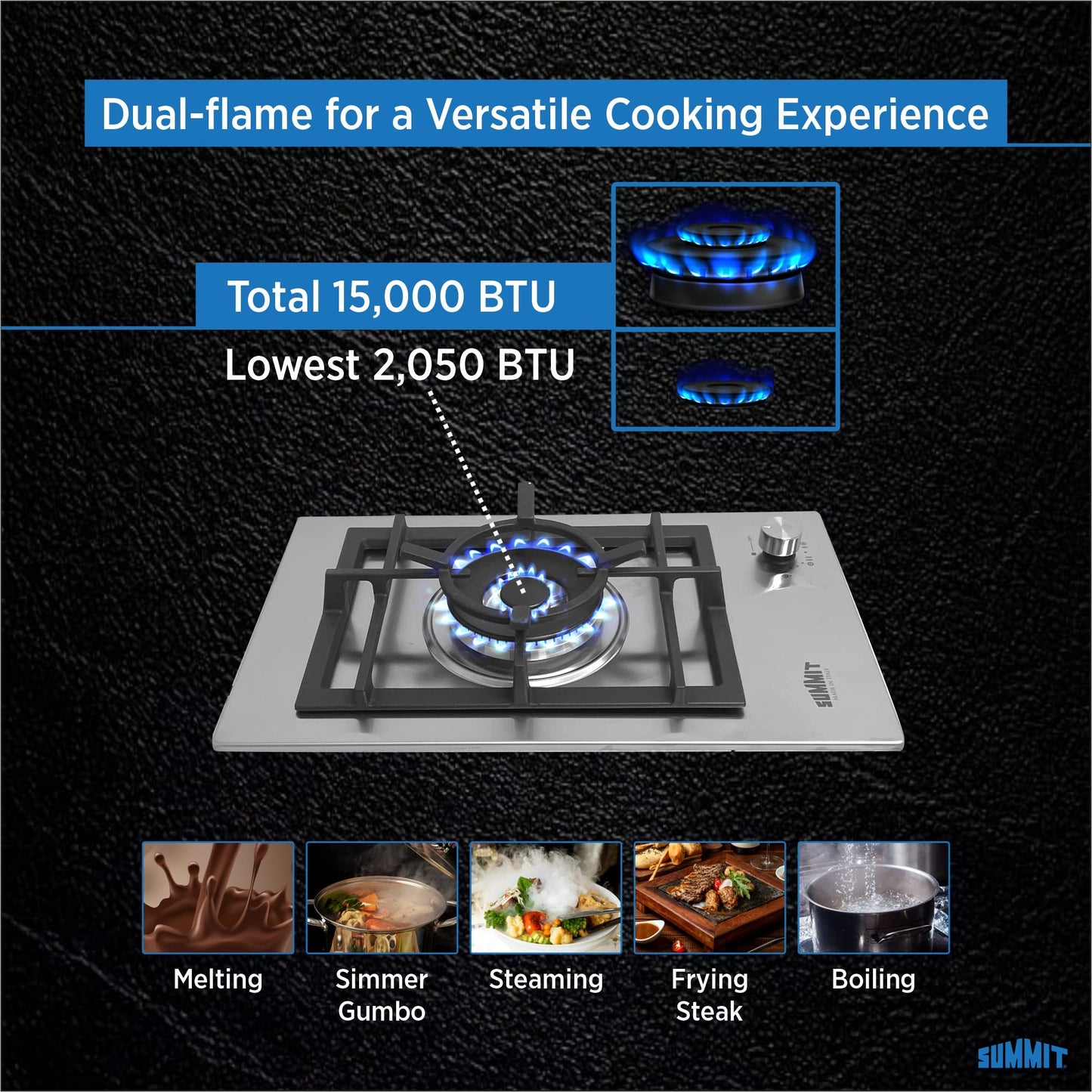 Summit GCJ1SS, 12-Inch-Wide Single Burner Gas Cooktop, Stainless Steel with Sealed Burners, Cast Iron Grates, Wok Ring, NG/LPG Conversion Kit, Flame Failure Protection, Easy to Clean, Cord Included