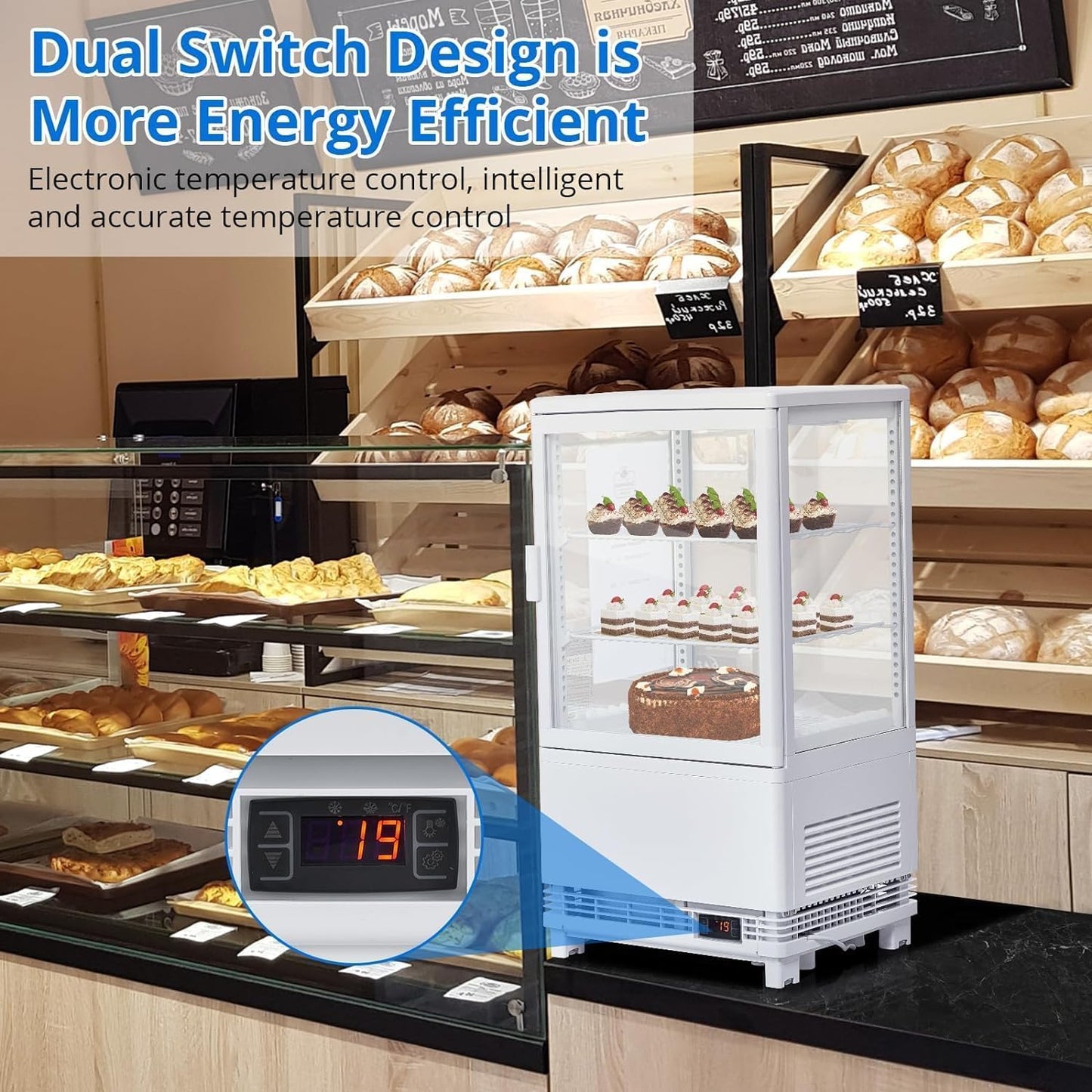 PeakPursuit Countertop Display Refrigerator 2.0 Cu.ft, LED Light, Air-Cooling, Sliding Door, Adjustable Shelves, Automatic Defrost, Commercial Mini Fridge for Bakery, Cafe, Restaurant, White