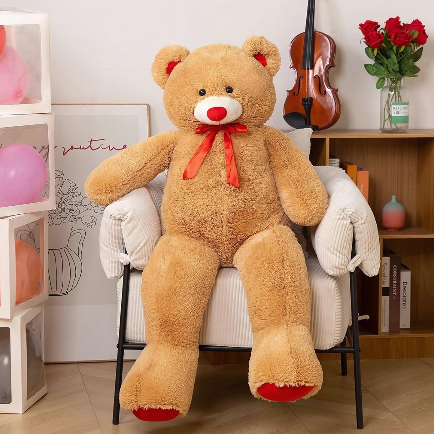 WENMOTDY Giant Teddy Bear 4ft Stuffed Animal Big Teddy Bear Plush with Red Ribbon Bow and Paw Pads Plush Toy for Girlfriend Lover Mom Kids Anniversary Valentines Birthdays Gifts 48 inch Tan