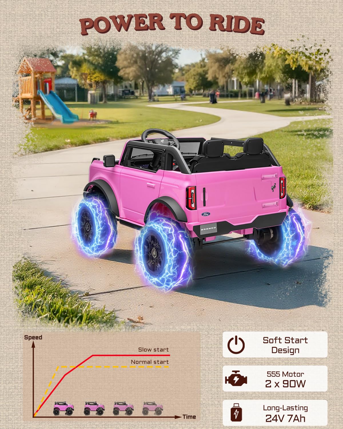 First Ride On 24V Ride on Toys for Big Kids, Licensed Ford Bronco Base 2 Seater Ride on Car with Remote Control, Girl Ride on Truck w/Seat Belts, 3 Speeds, Spring Suspension and Bluetooth (Pink)
