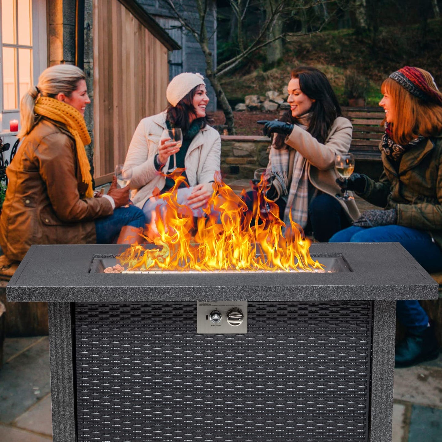 44 in Propane Fire Pit Table, 50000BTU Rectangle Fire Table with Cover & Rain Cover, Sturdy Steel and Iron Fence Surface, CSA Safety Certified, Companion for Your Garden