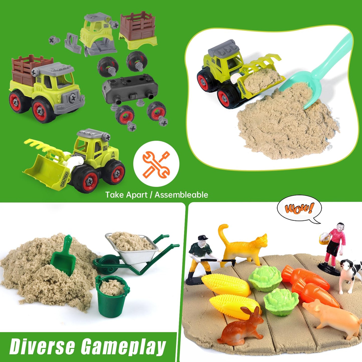 Aliex Farm Sensory Bin, Farm Sensory Kits Toy with 2.2lbs Play Sand, 31pcs Animals Trucks Creativity Magic Sand Box with Lid, Christmas Birthday Gift for Boys Kids Toddlers Ages 3 4 5 6 7 8