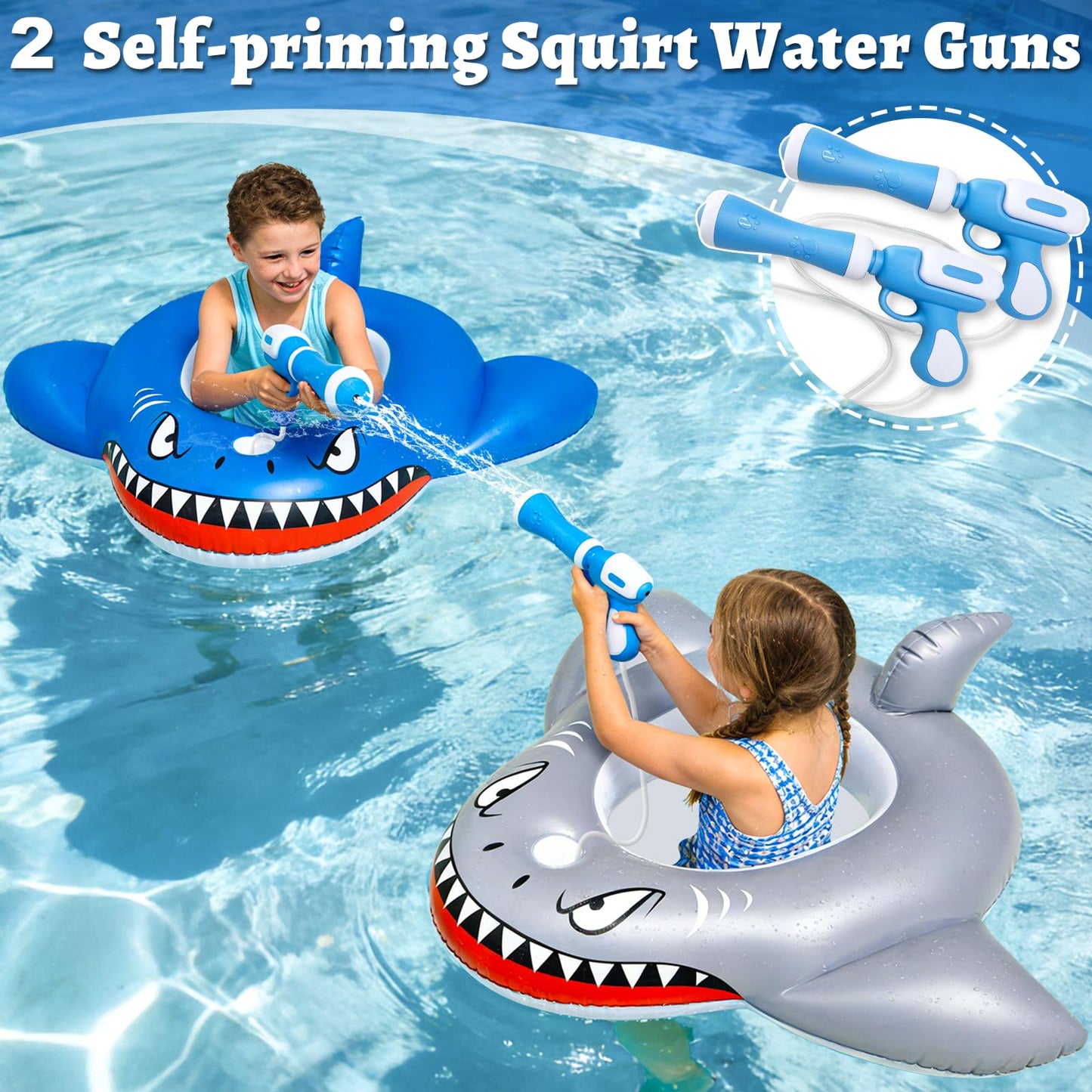2 Pack Inflatable Shark Pool Floats Kids 3-11 Years, Kids Floaties Swimming Pool Toys with 2 Water Squirt Guns Boys Girls Party Float Ride-on Toddler Floatie with Safety Seat Summer Outdoor Water Game