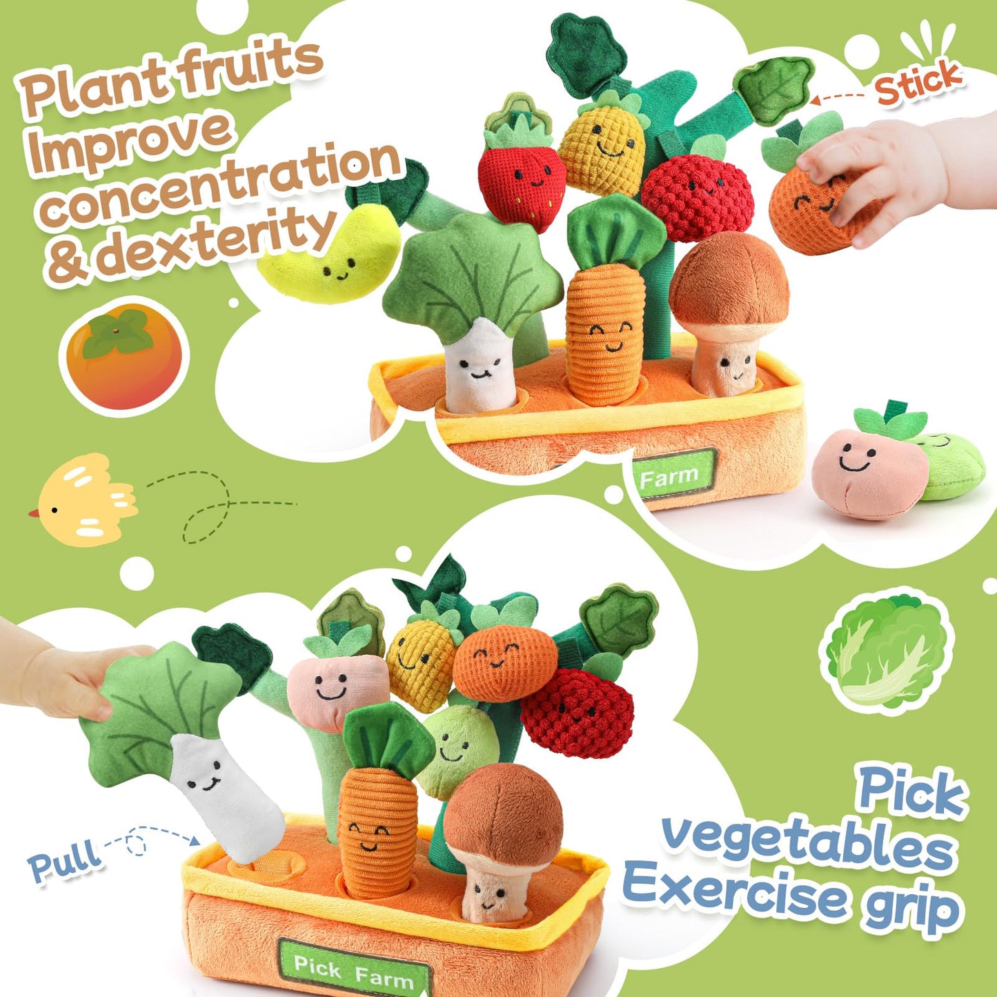 Mini Tudou Baby Toys 6-12 Months-Fruits Veggies Farm Stuffed Toys 15PCS-Sensory Educational Toy Mushroom Carrot with Rattle Squeaker Crinkle Texture Color Shape Number Matching Gifts