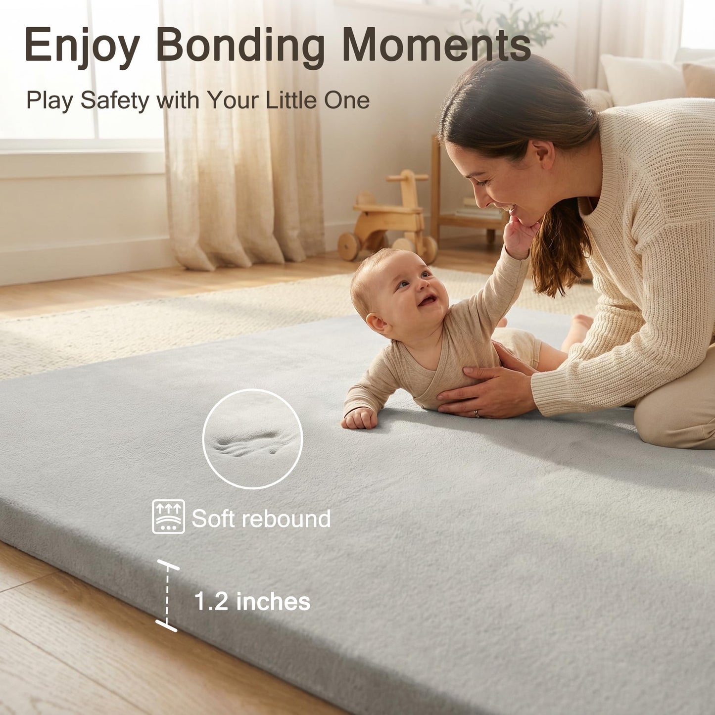 Funyoo 71" ×59" Padded Baby Play Mat for Floor, 1.2" Thick Machine Washable Foam Playmat, Soft Tummy Time Crawling Playpen Mat with Non-Slip Bottom, Fits 71" x59" Playpens