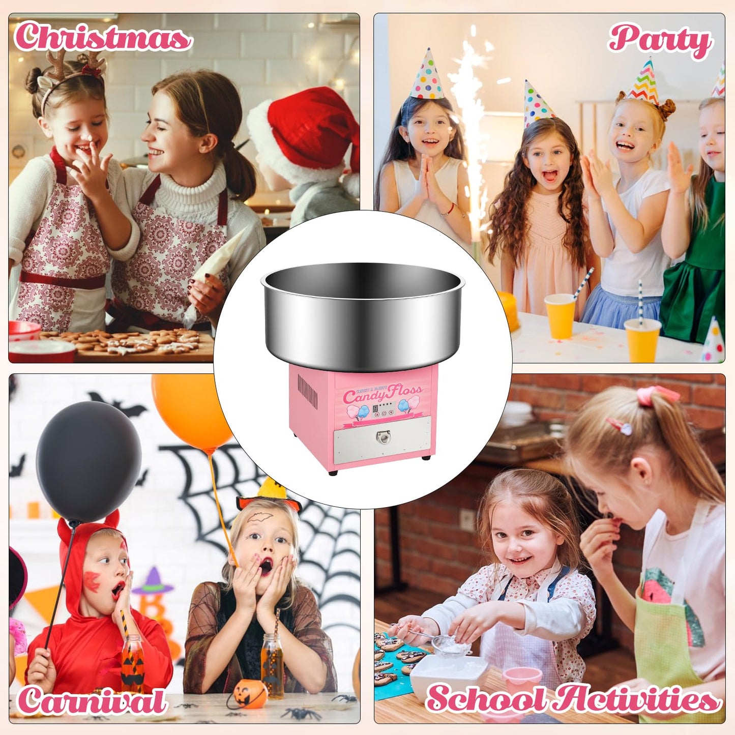 Garvee Cotton Candy Machine Commercial, Electric Cotton Candy Maker for Kids with 20 in Stainless Steel Bowl for Family, Party, Amusement Park, Carnival- Pink