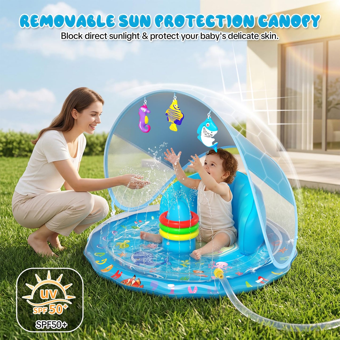 Qmioti Baby Splash Pad with Canopy, Inflatable Baby Pool with Sprinkler, Stackable Rings & Hanging Toys, Water Sprinkler for Kids, Summer Outdoor Water Play Toys for Baby Toddlers