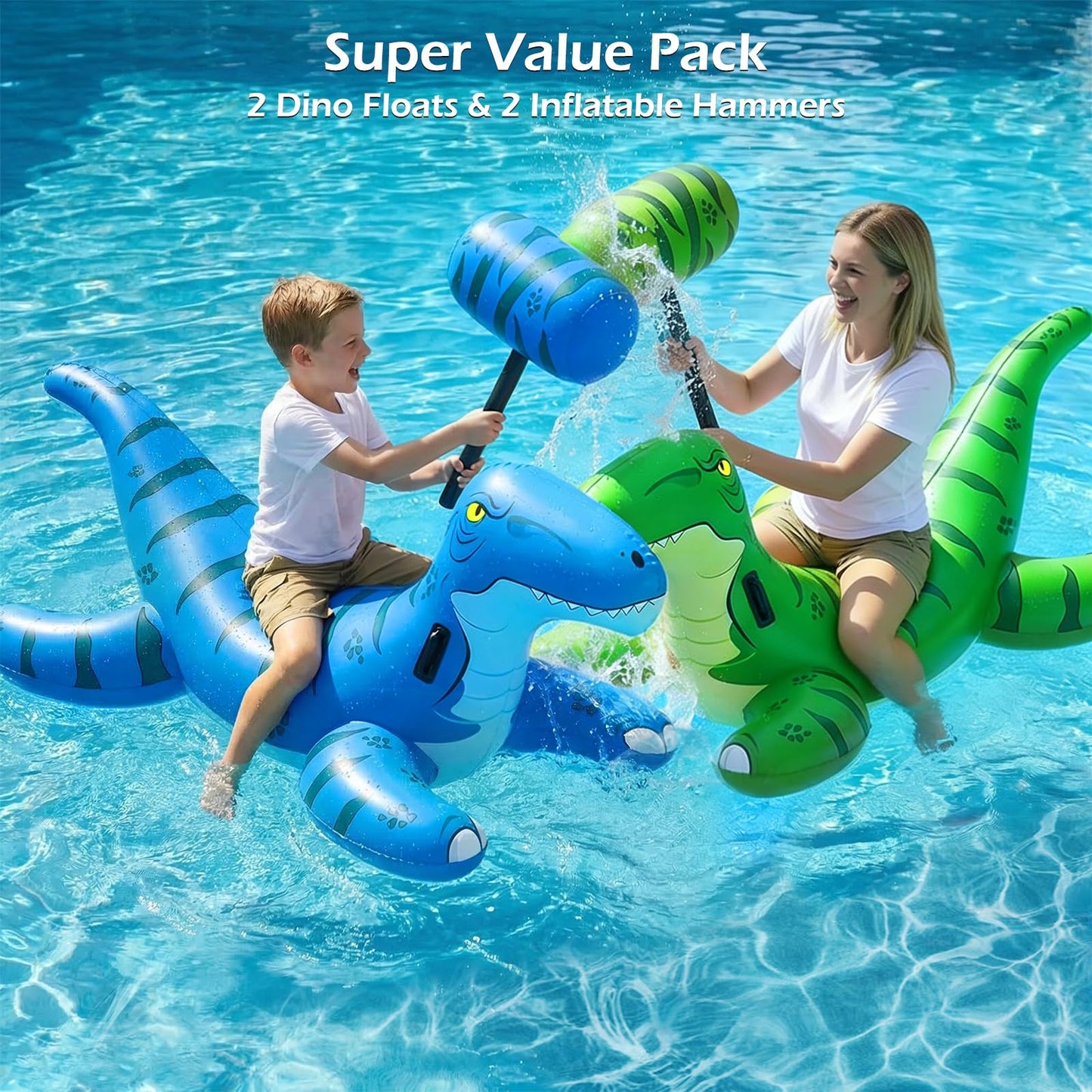 Jasonwell Pool Games Toys Floats -2Pack Inflatable Dinosaur Pool Floats with Blow Up Toy Hammers Ride on Pool Floaties for Kids Teens Adults Lounge Raft Summer Lake Beach Party Decorations (GN&BU XL)