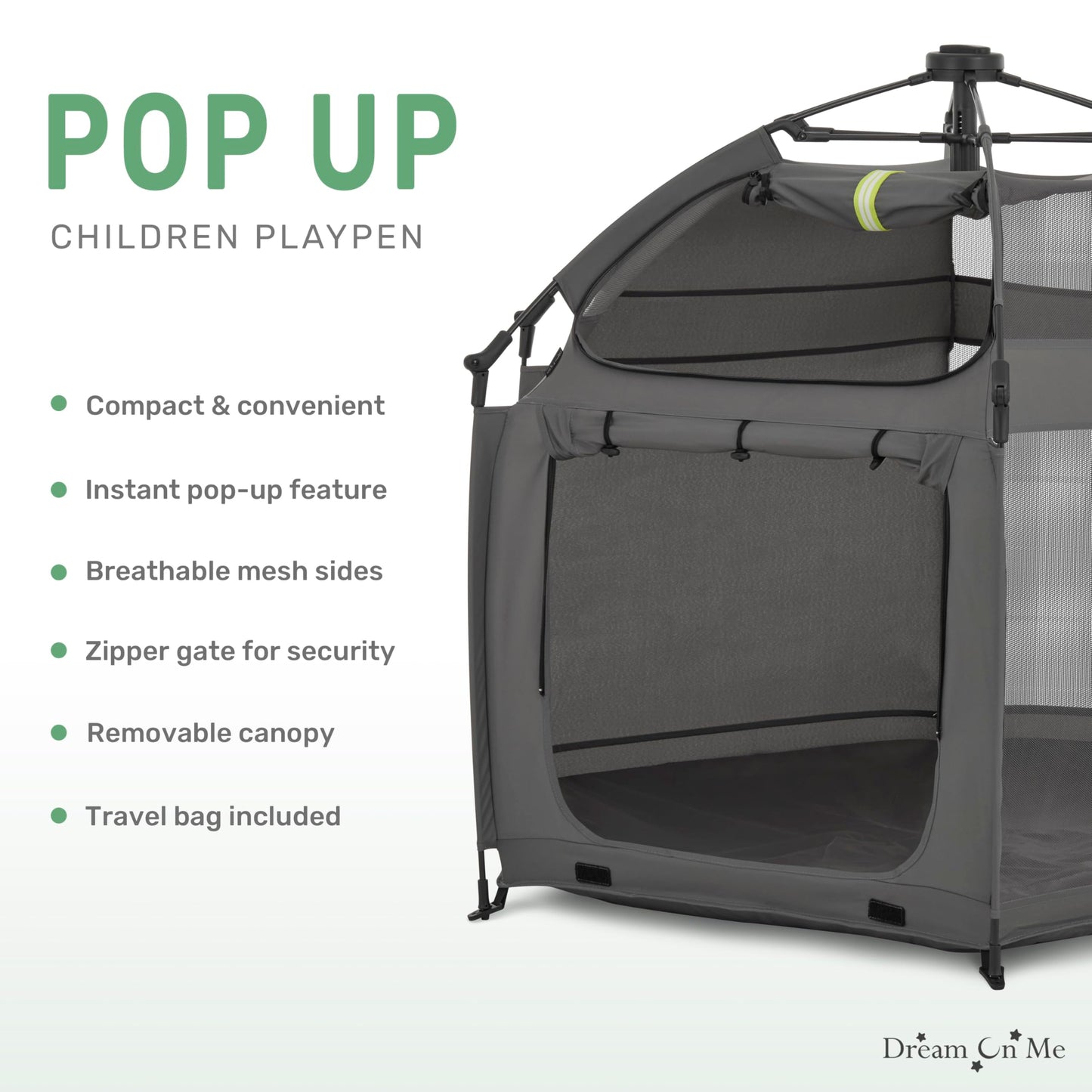 Dream On Me Pop-Up Children Playpen, Instant One-Hand Open & Fold, Breathable Mesh Sides, Zipper Security Gate & Travel Carry Bag, Compact Indoor/Outdoor Baby Play Yard with Canopy - Charcoal