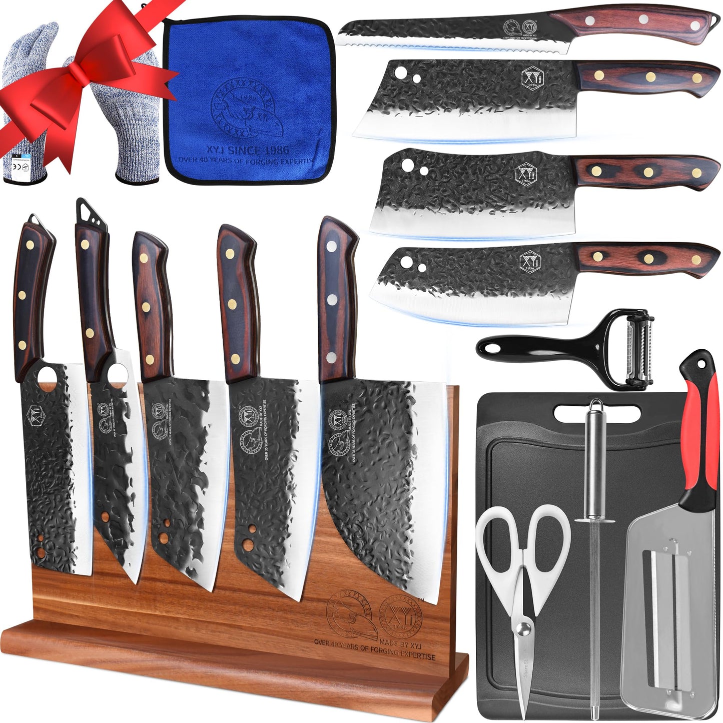 XYJ 9PCS Kitchen Knives Set with Magnetic Knife Block,Honing Steel,Scissors,Cutting Board,Gloves,High Carbon Steel Blades,Knife Block Set,Full Tang,Wood Handle,Bread Cleaver Butcher Knives