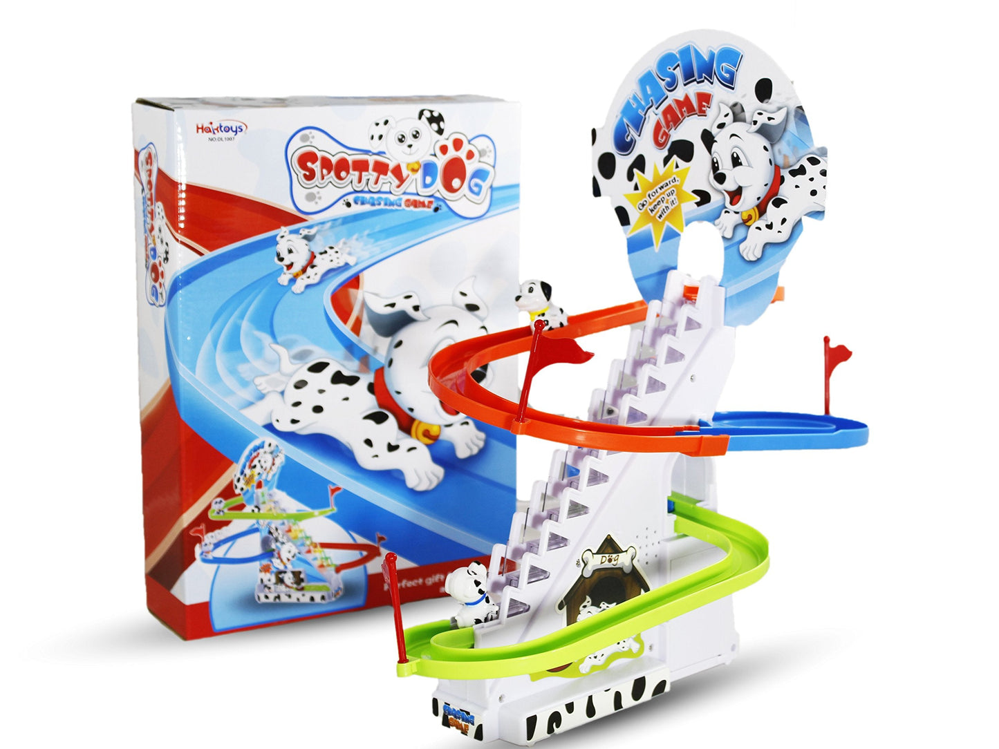 Dalmatian Puppy Slide Toy Set: Playful Stair Climbing Puppies for Chase Fun with Sliding Tracks, Music On/Off Switch for Quiet Play | Interactive Puppy Toy for Kids Toddlers Boys & Girls