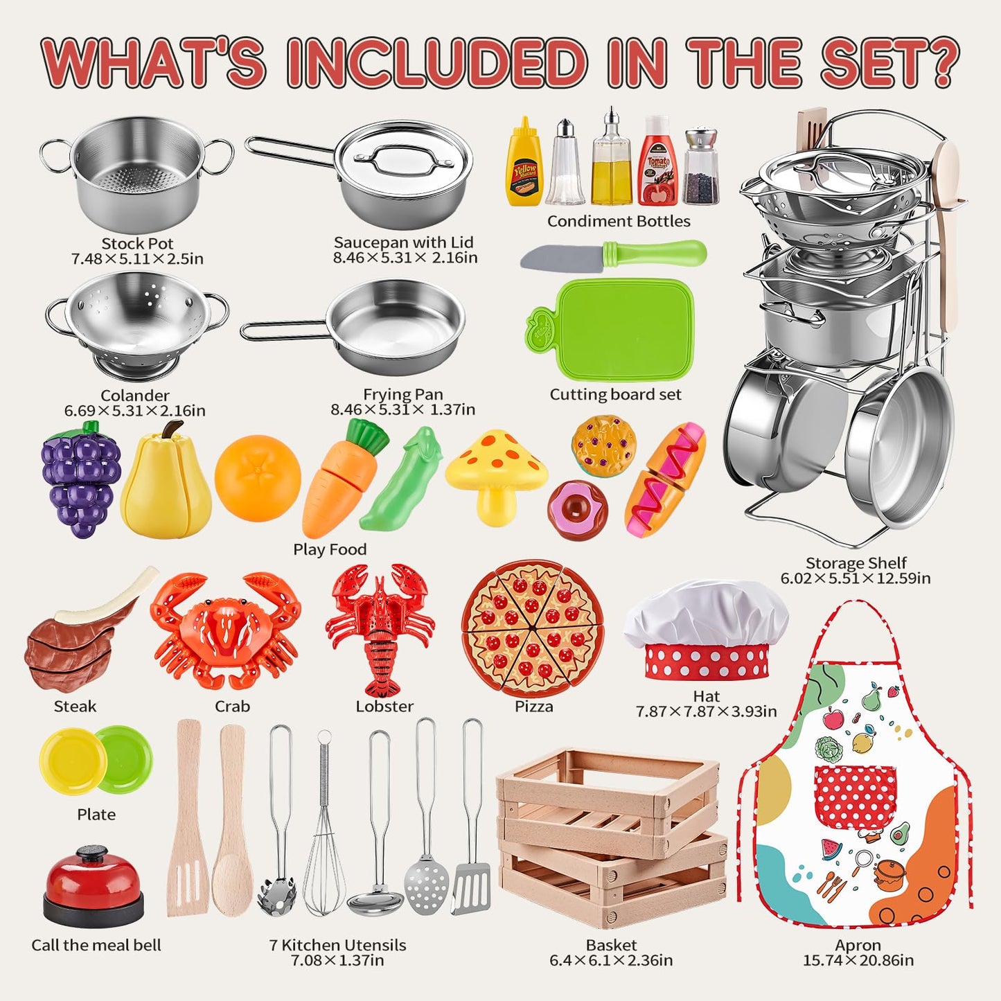 Play Kitchen Accessories, Large Stainless Steel Toddler Cooking Set, Kids Kitchen Playset with Cutting Play Food, Condiments, Chef Apron & Hat, Service Bell, Toy Food with 2 Baskets, Boys Girls Gifts.