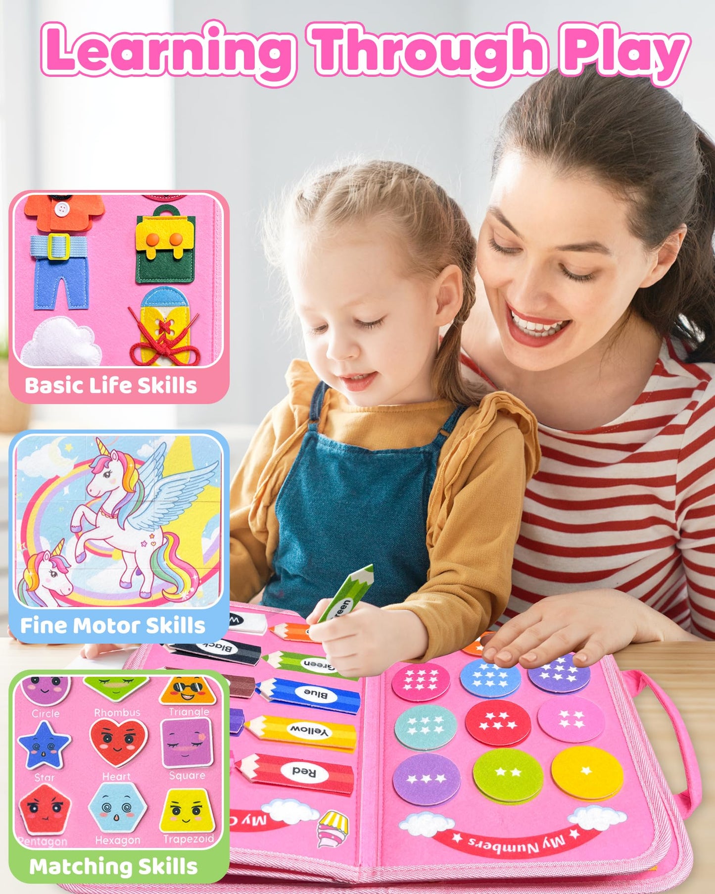 Walenty Busy Board Montessori Toys for Toddler Girl Birthday Gifts, Busy Book Sensory Learning Toys for Toddlers, Educational Activities Airplane Car Travel Toy for Girls