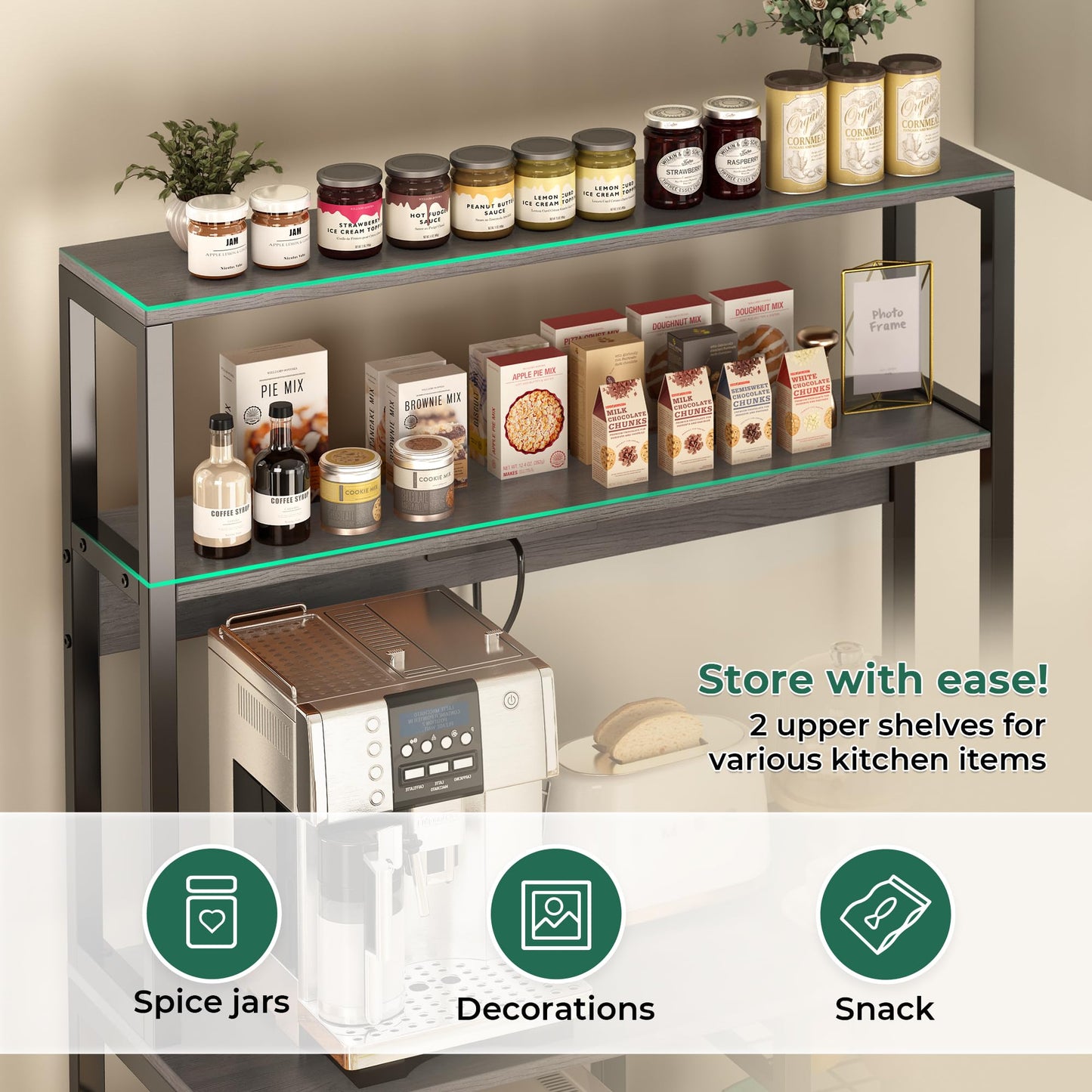 SUPERJARE Bakers Rack with Power Outlet, 35.4 Inches Coffee Bar with Wire Basket, Kitchen Microwave Stand with 6 S-Shaped Hooks, Open Storage Shelves, Charcoal Gray