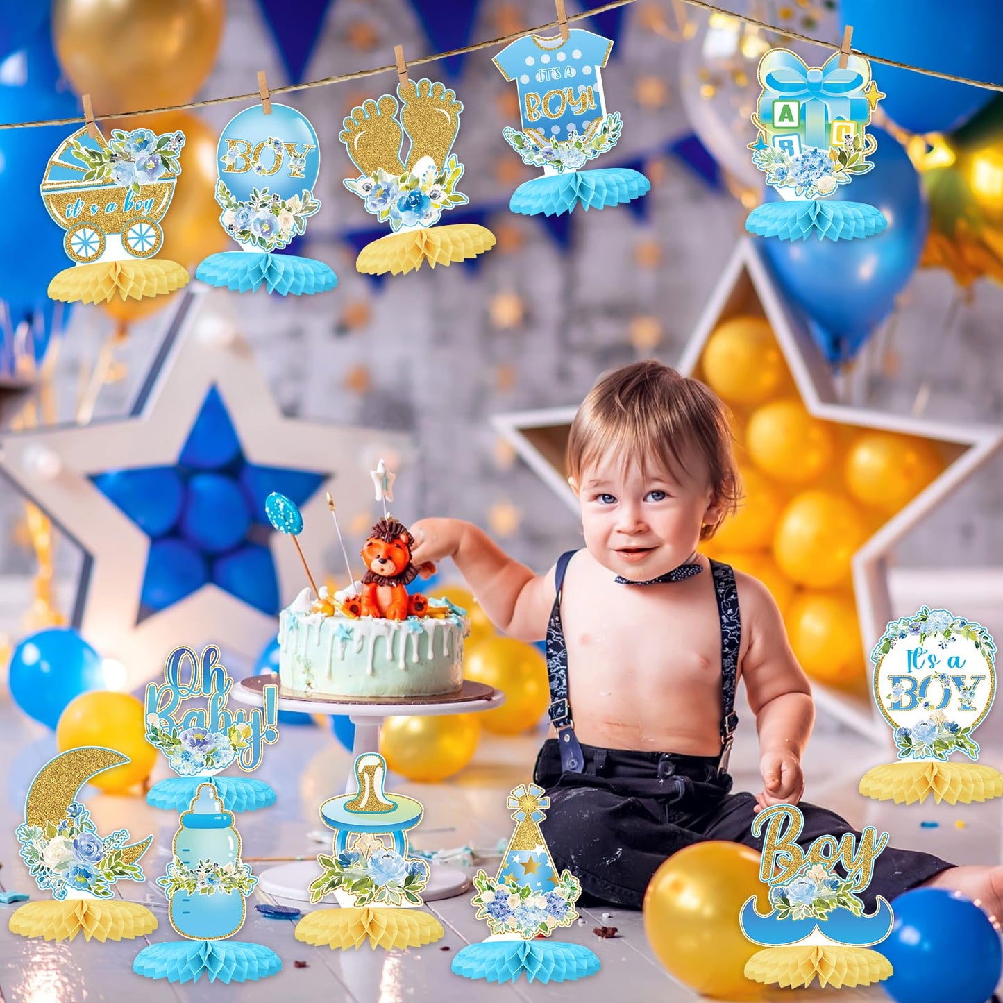 Tarklanda 12Pcs Baby Shower Honeycomb Centerpieces Party Decor for Boys,Blue Gold Floral It's a Boys Gender Reveal 3D Table Centerpieces Decoration for Kids Baby Shower Party Photo Props Supplies
