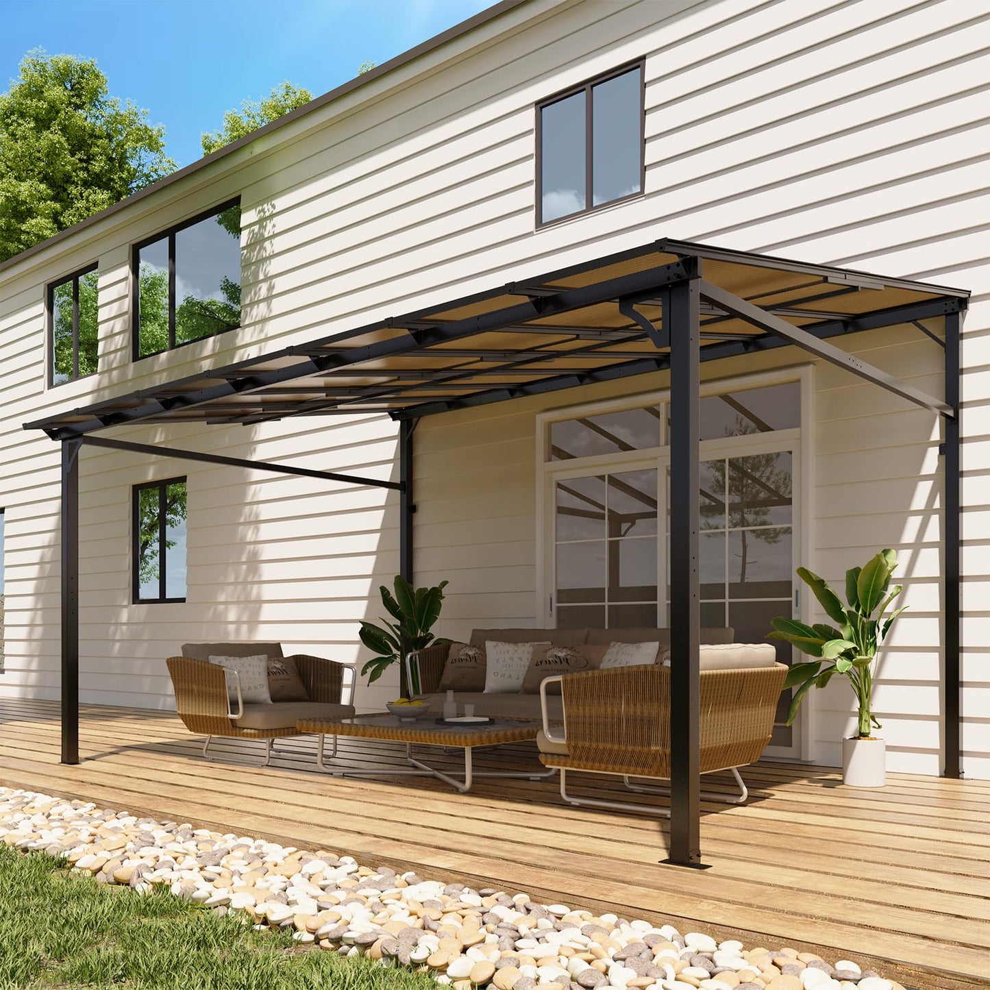 PeakPursuit Wall-Mounted Hardtop Gazebo Pergola - Heavy Duty Aluminum Frame - Waterproof Lean-to Patio Awning with UV Protection - Outdoor Shelter for Deck, Porch, Backyard - 10 * 14FT