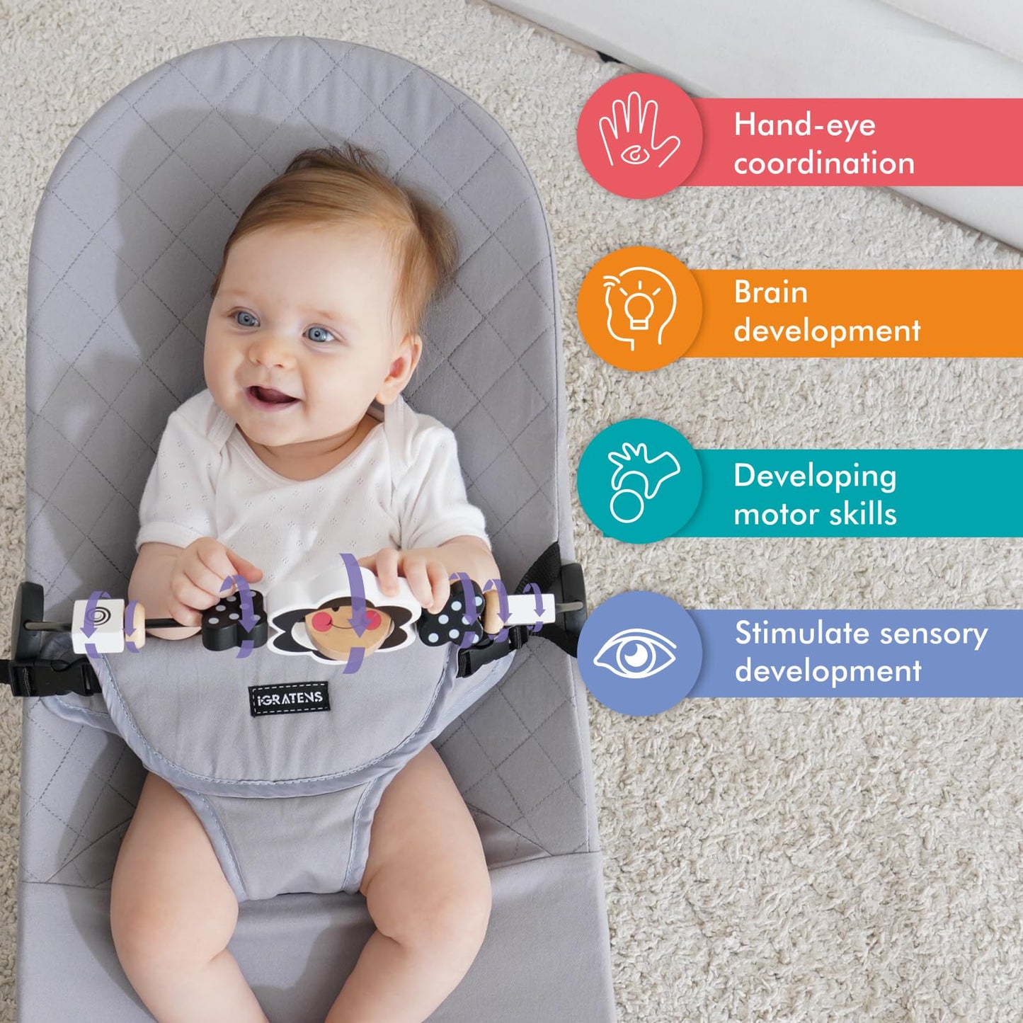 iGRATENS Baby Bjorn Bouncer Toy Bar, Toy for Baby Bouncer Soft & Bliss, Easy to Attach and Remove, Child-Friendly Materials, Exciting Design for Curious Babies, Black and White Flowers