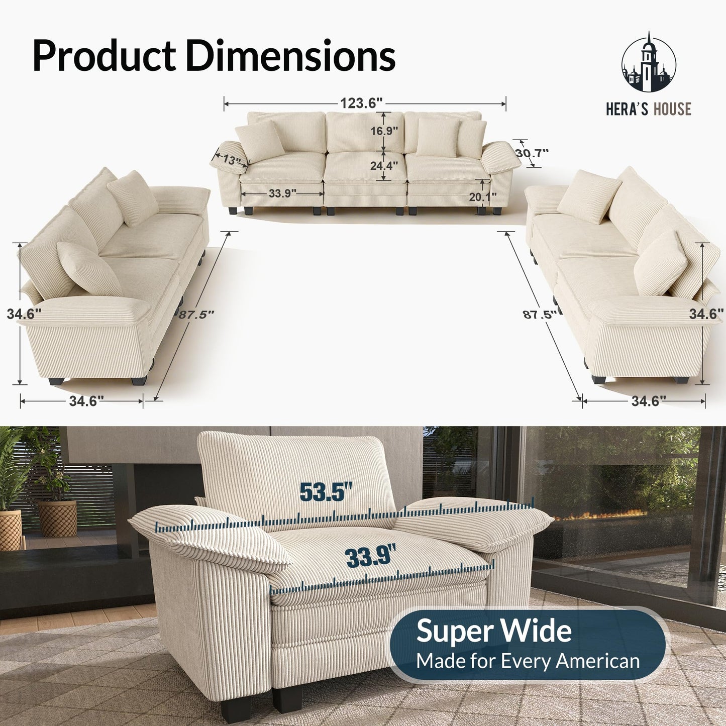 HERA'S HOUSE 3 Pieces Modular Sectional Sofa Sets, Oversized Couch Set with Loveseats, Comfy Cloud Couches with Throw Pillows, 7-Seater Deep Seat Sofa for Living Room, Corduroy Beige