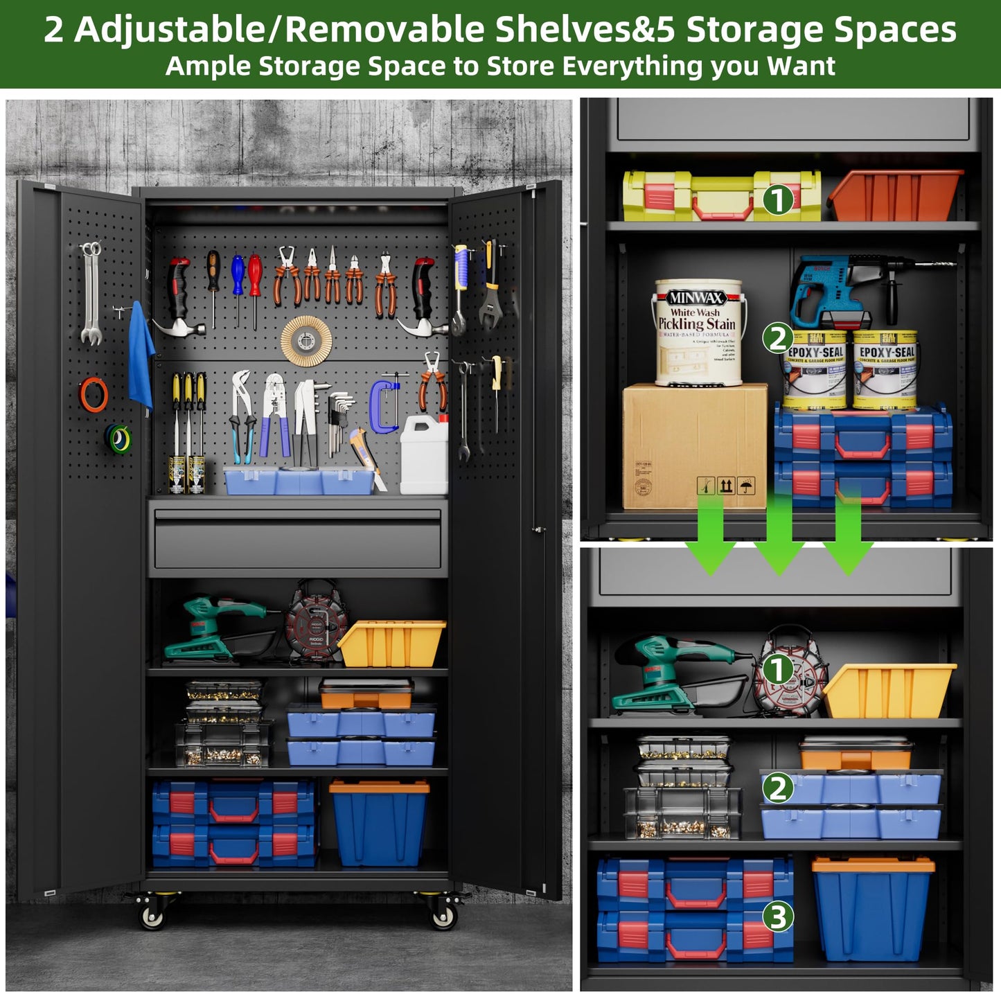 Reemoon 71" H Garage Storage Cabinet with Wheels and Doors,Metal Tool Storage Cabinet with Pegboard and Drawer for Garage Warehouse Home,Required Assembly,Black