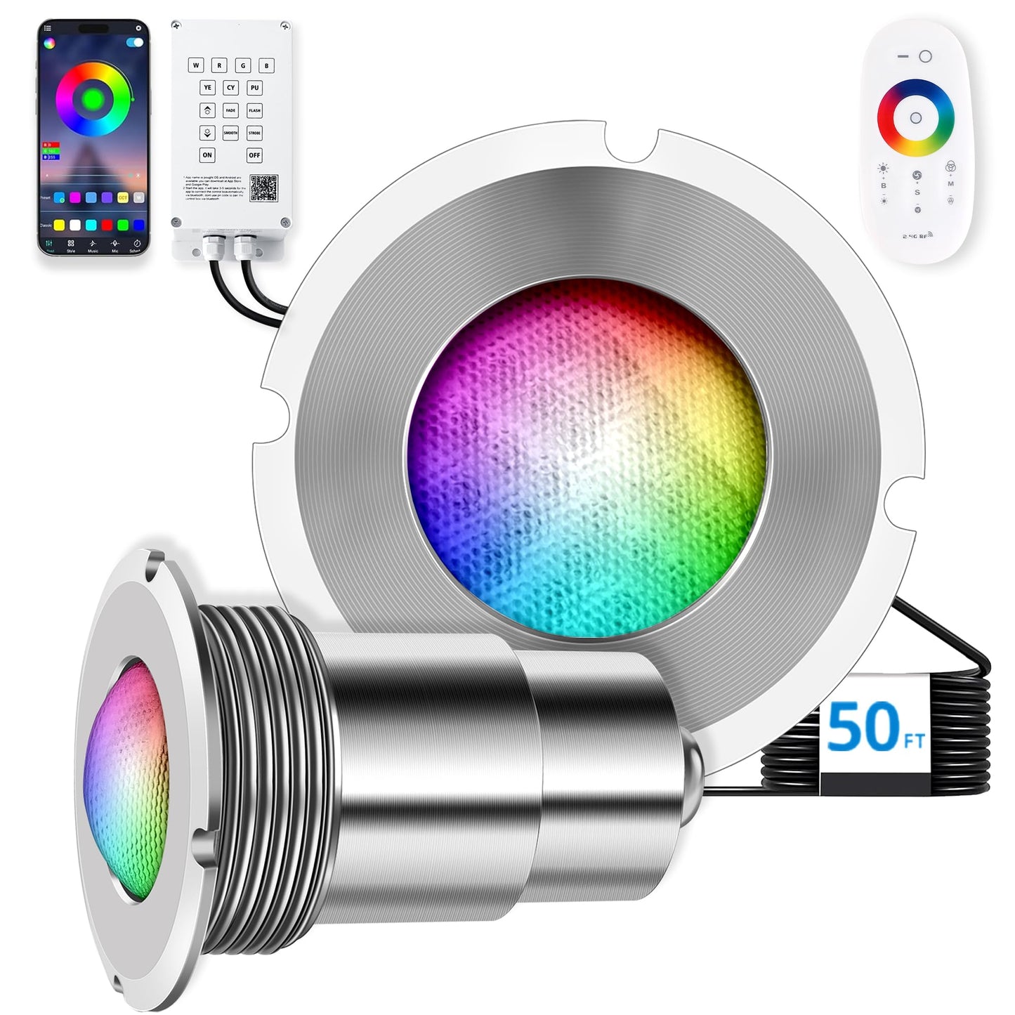 Zenhagu 1.5 Inch LED RGBW Multicolor Inground Pool Light and Spa Light, IP68 Waterproof, AC 120V, 50ft Cable with Controller, APP & Remote Control