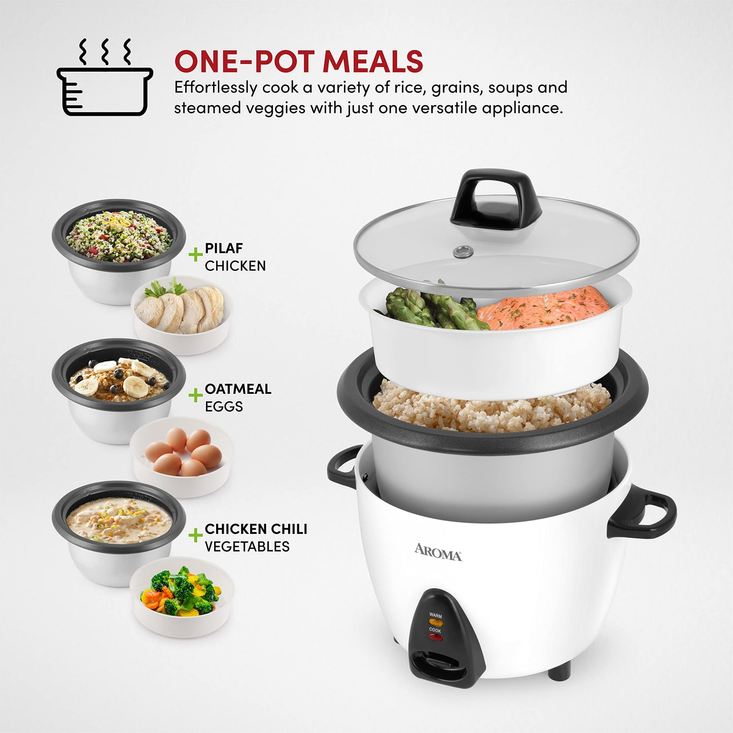 Aroma Housewares 60-Cup (Cooked) (30-Cup UNCOOKED) Commercial Rice Cooker, Stainless Steel Exterior (ARC-1130S) & ARC-360-NGP 20-Cup Pot-Style Rice Cooker & Food Steamer, White