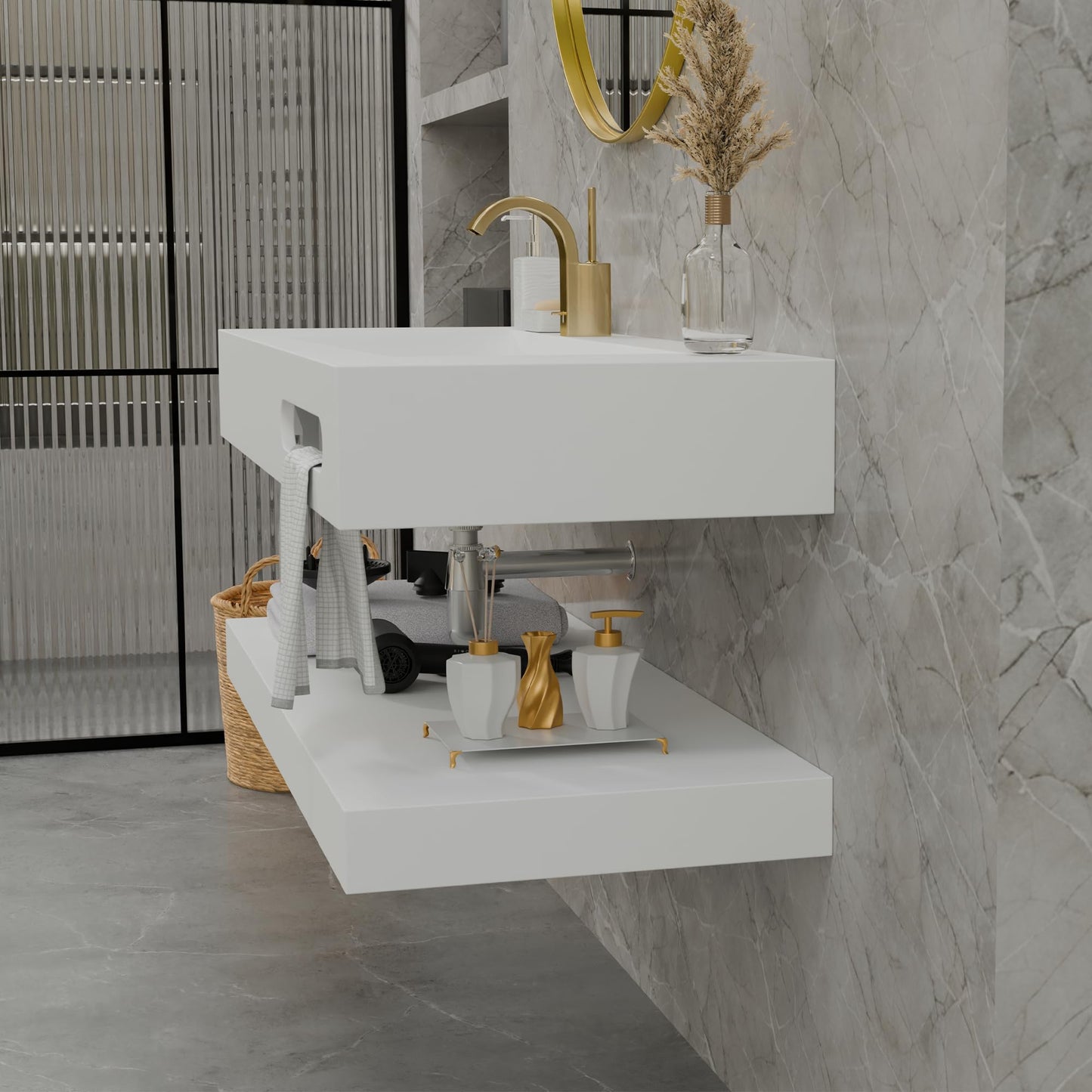 QJ&XY Resin Bathroom Sink 48" Wall Mounted V-Shaped White Basin with Towel Rack, Floating Vanity Sink in Soft-Touch Finish (Double Tier)