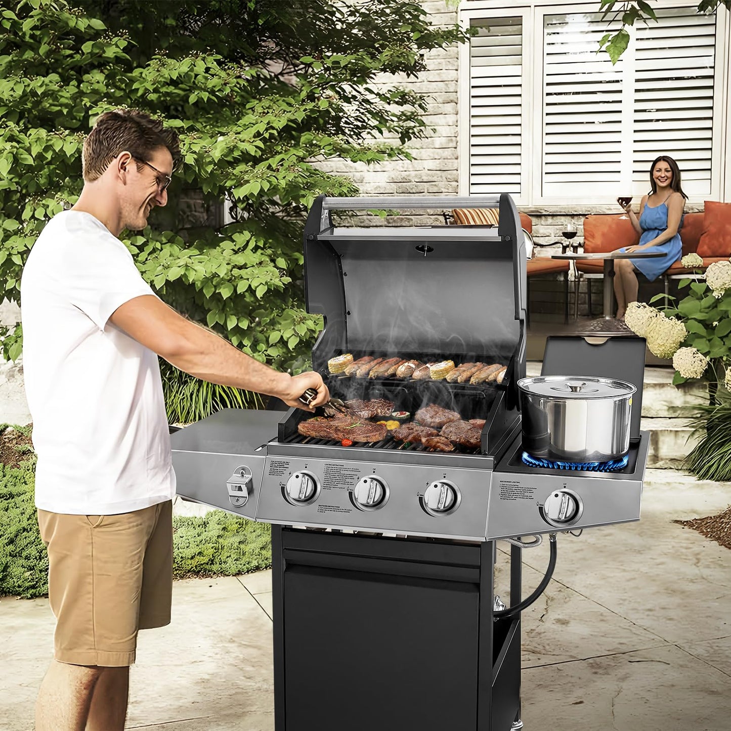 Lyromix 3 Burners Gas Grill with Side Burner, Propane Grill with Wheels and Storage, Outdoor Gas BBQ with Oil Tray and Thermometer for Patio and Party, 37000 BTU